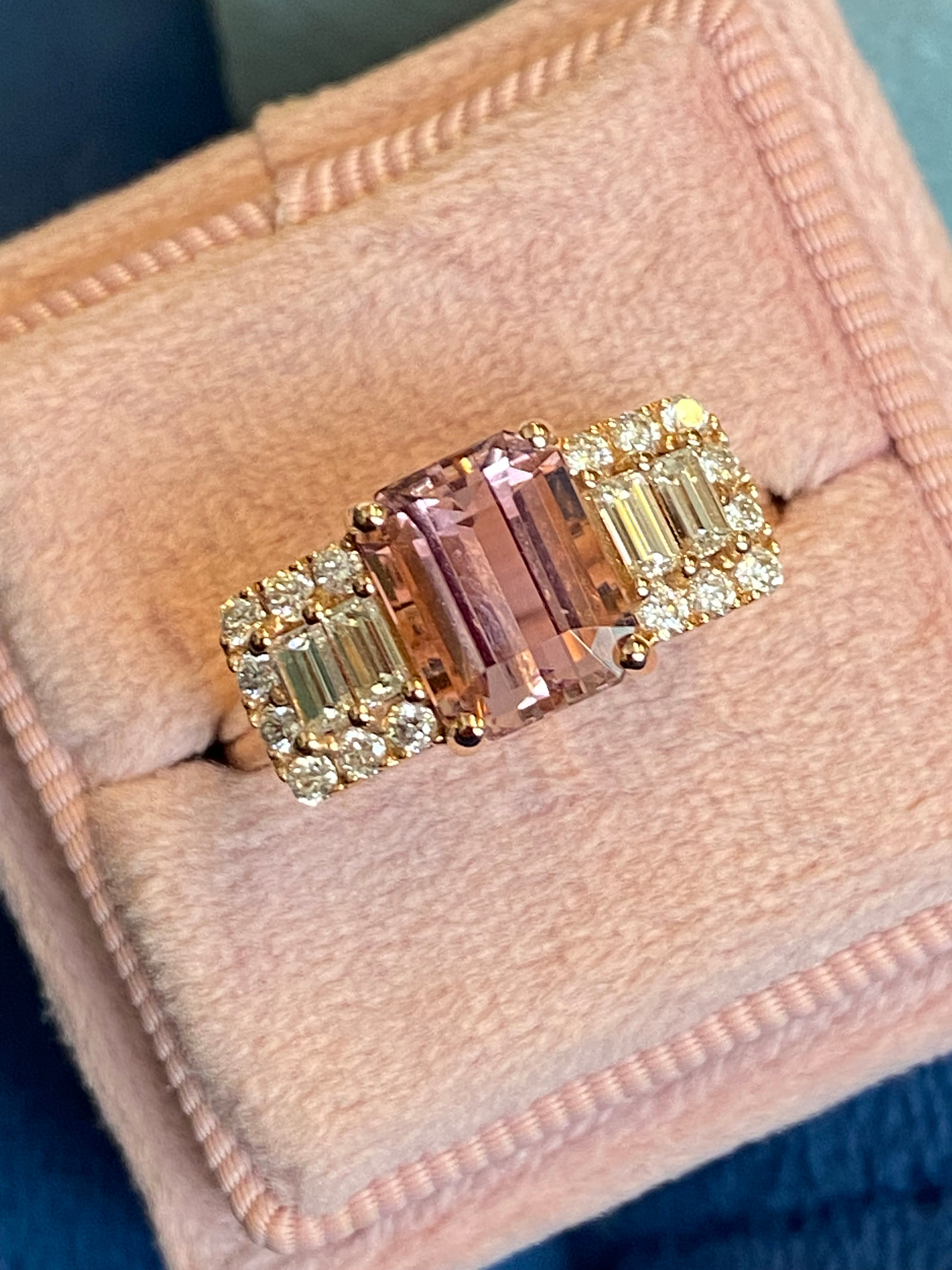 2.49 CTW Emerald Cut Morganite and Diamond Three Stone Style Engagement Ring in 18ct Rose Gold
