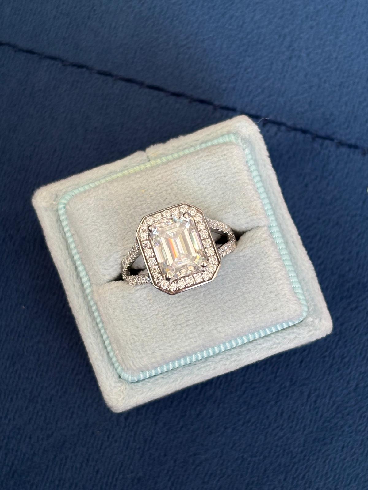 3.10 CTW Emerald Cut Moissanite Halo Ring in Sterling Silver