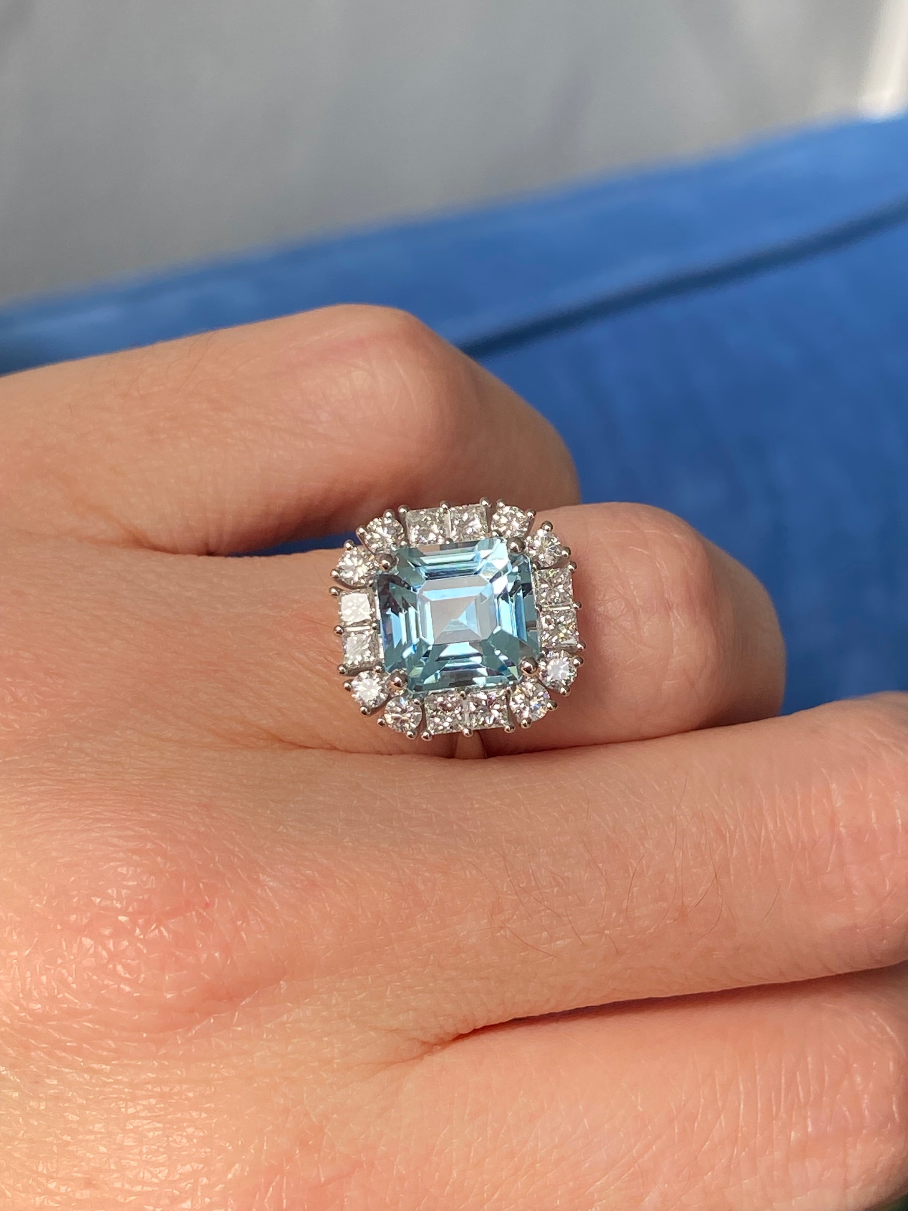 6.11 CTW Emerald Cut Aquamarine and Natural Diamond Halo Engagement Ring in Platinum