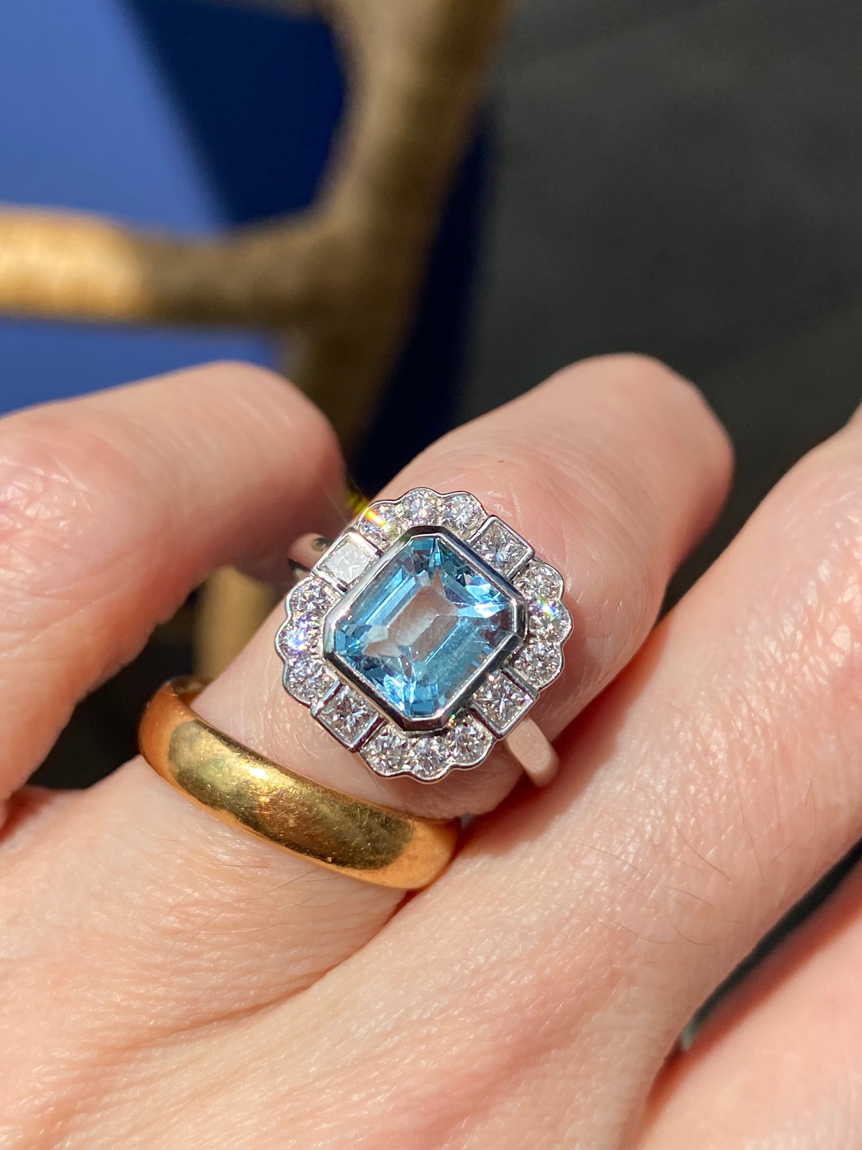 2.23 CTW Emerald Cut Aquamarine and Natural Diamond Engagement Ring in Platinum