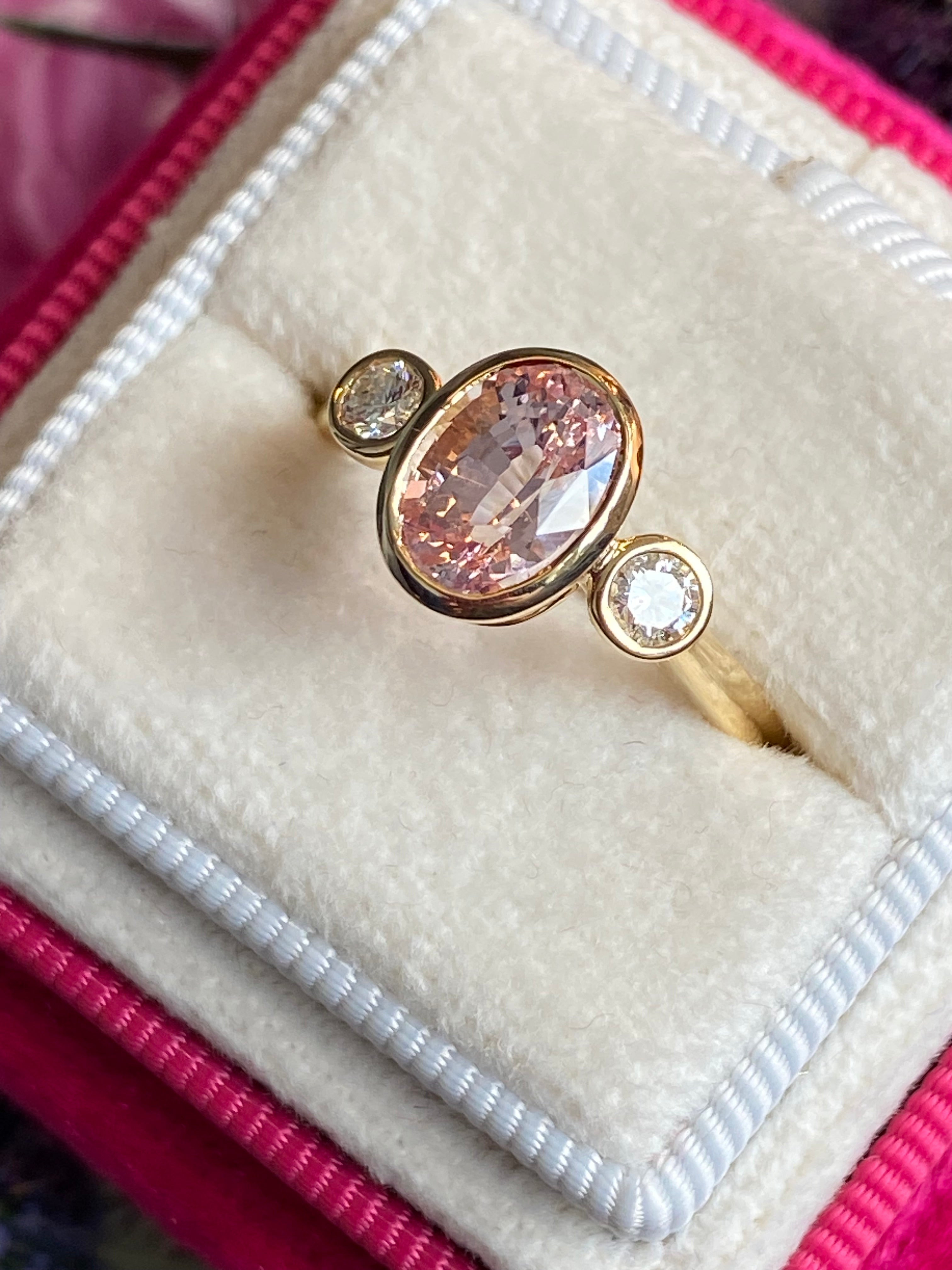 2.02 CTW Peach Sapphire and Natural Diamond Three Stone Ring in 18ct Yellow Gold