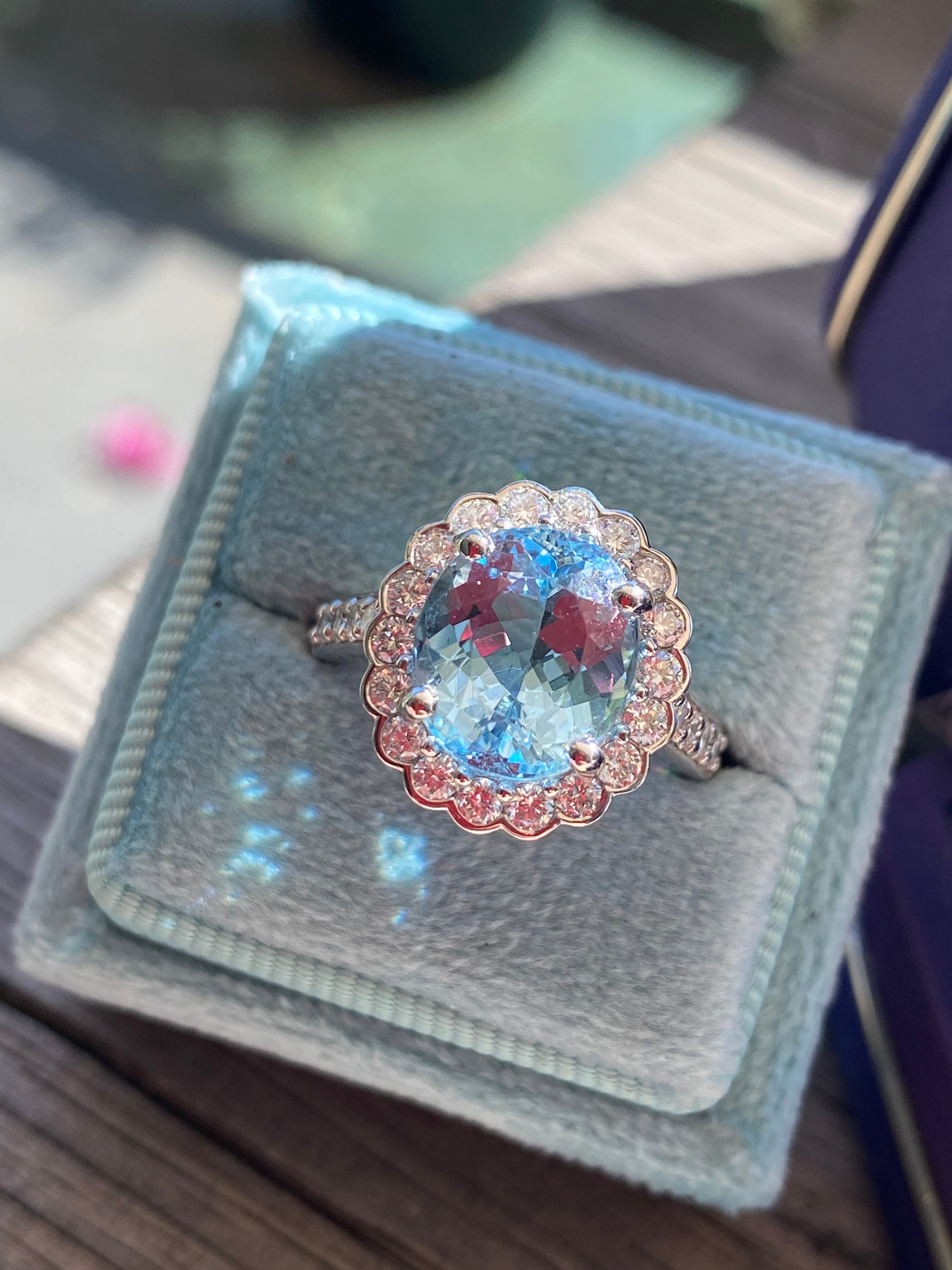 4.53 CTW Oval Cut Aquamarine and Natural Diamond Halo Engagement Ring in Platinum