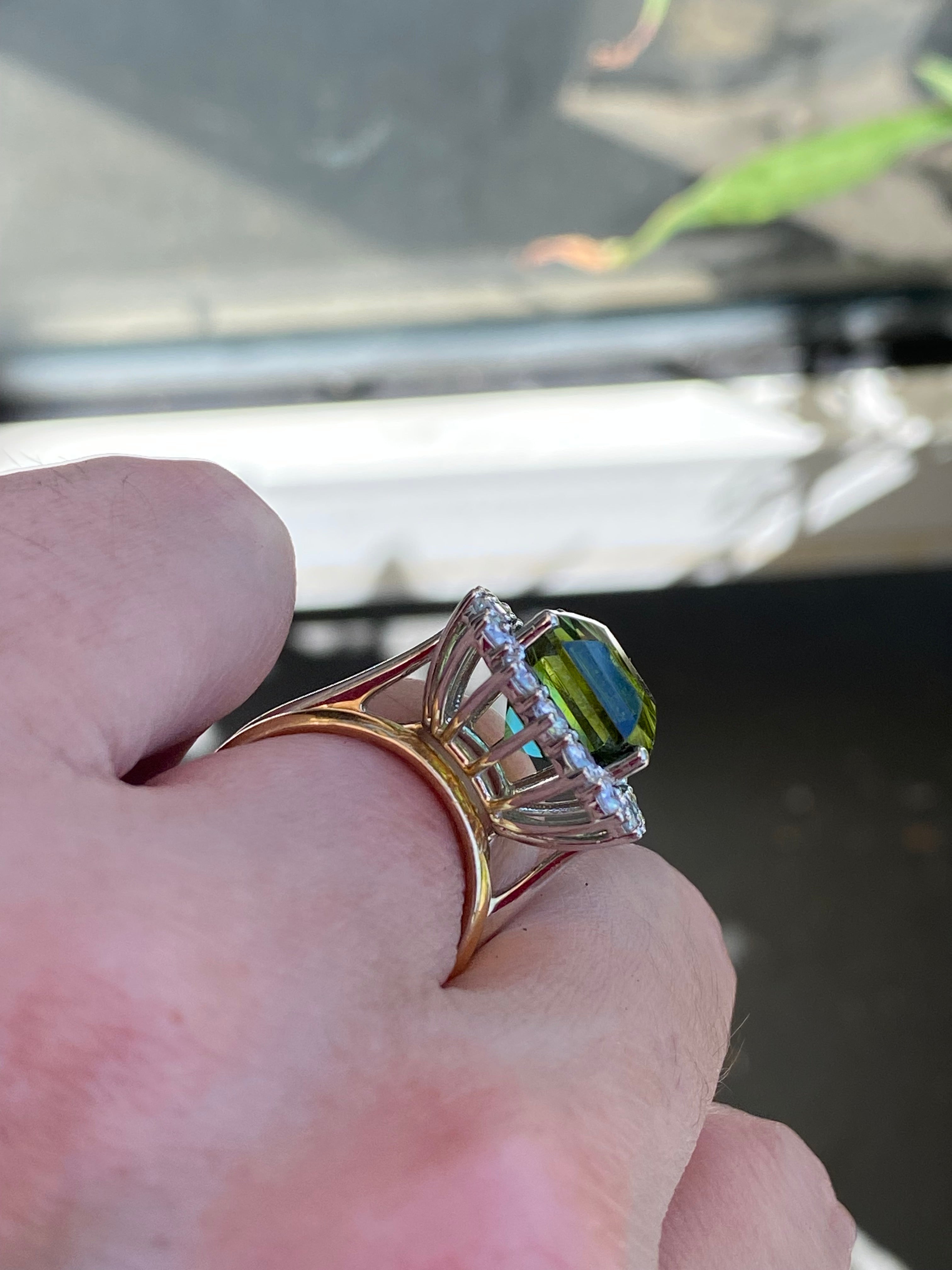 8.44 Carat Asscher Cut Green Tourmaline and 1.38ctw Natural Diamond Ring in Platinum