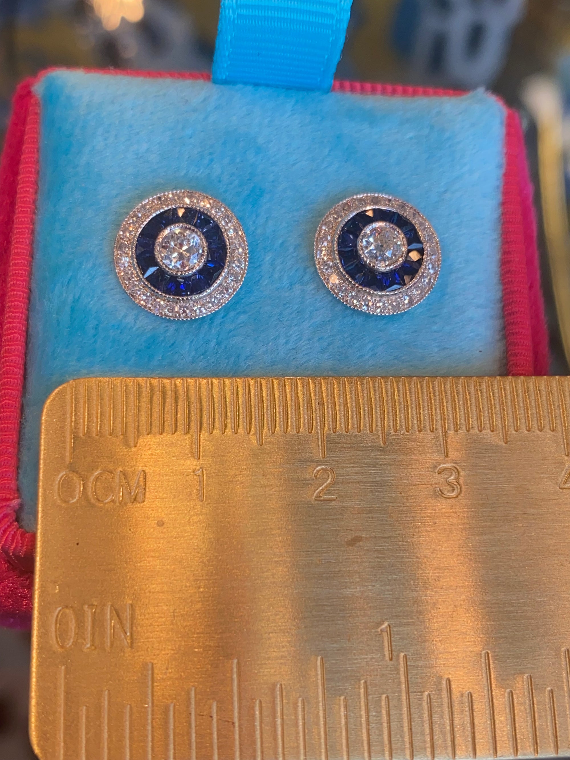 2.00ctw Old Cut Diamond and Sapphire Target Halo Earrings in 18ct Gold
