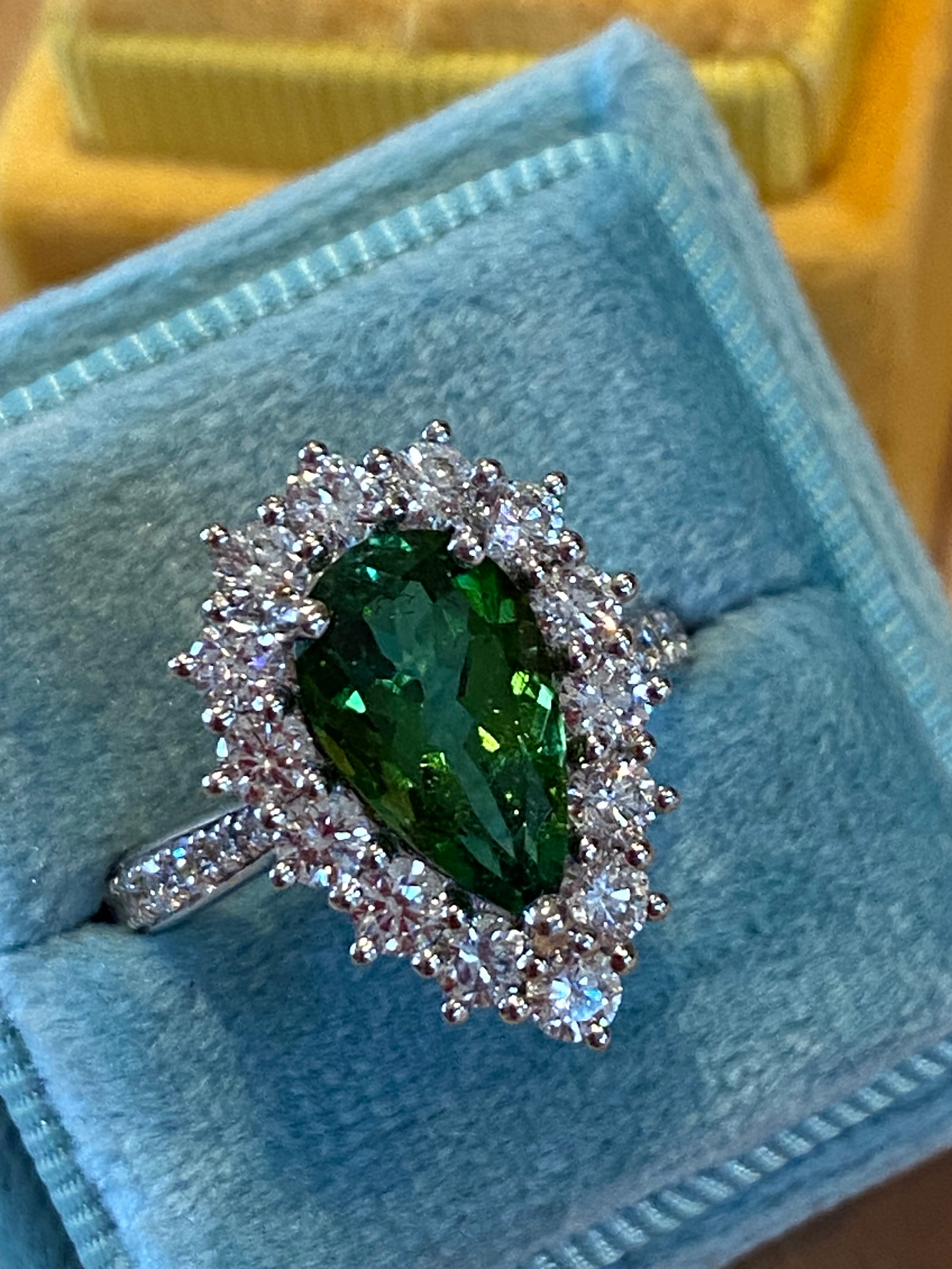 3.97 CTW Pear Cut Green Tourmaline and Natural Diamond Ring in Platinum