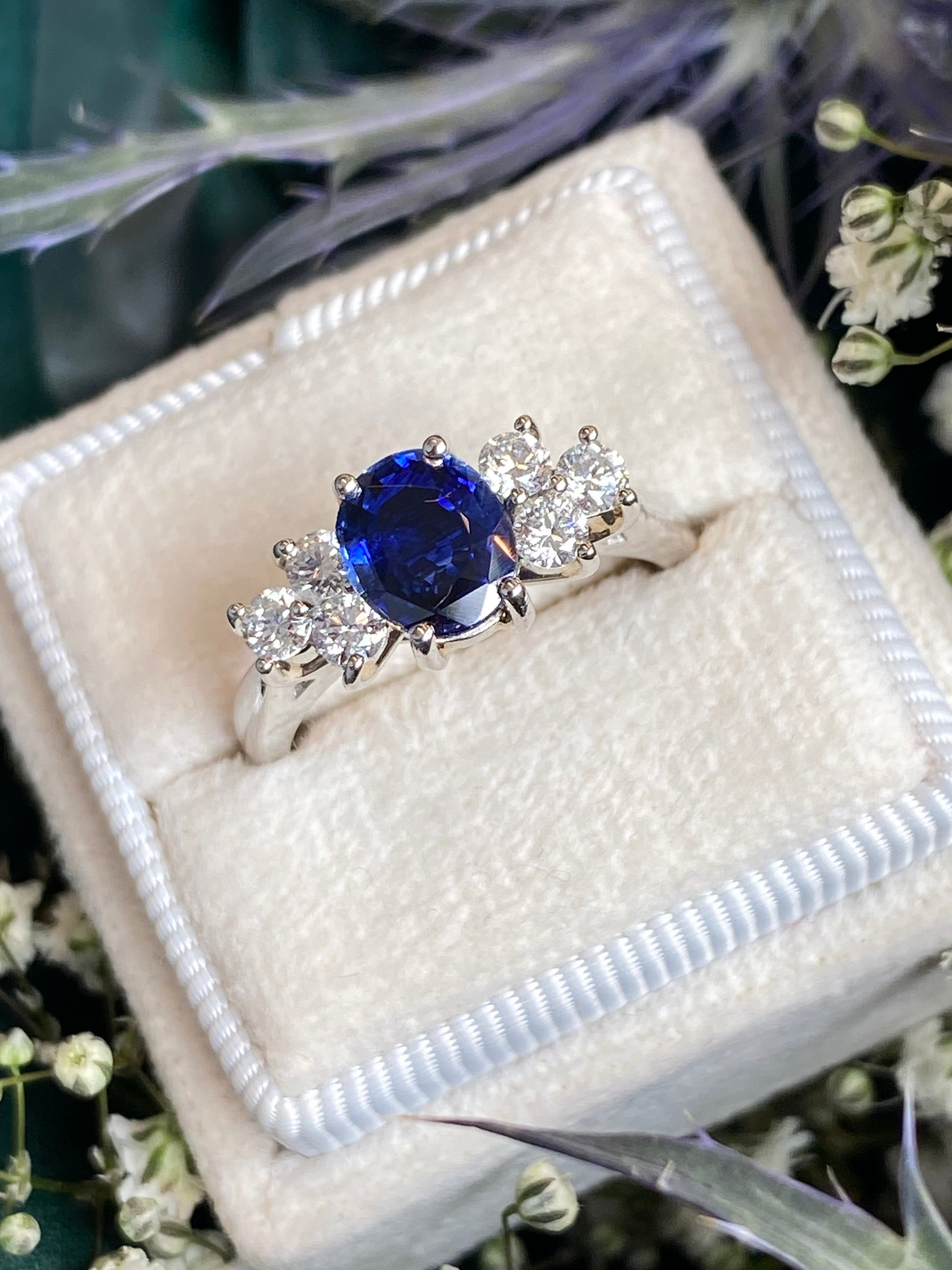 1.92 CTW Blue Ceylon Sapphire and Natural Diamond Trefoil Engagement Ring in Platinum