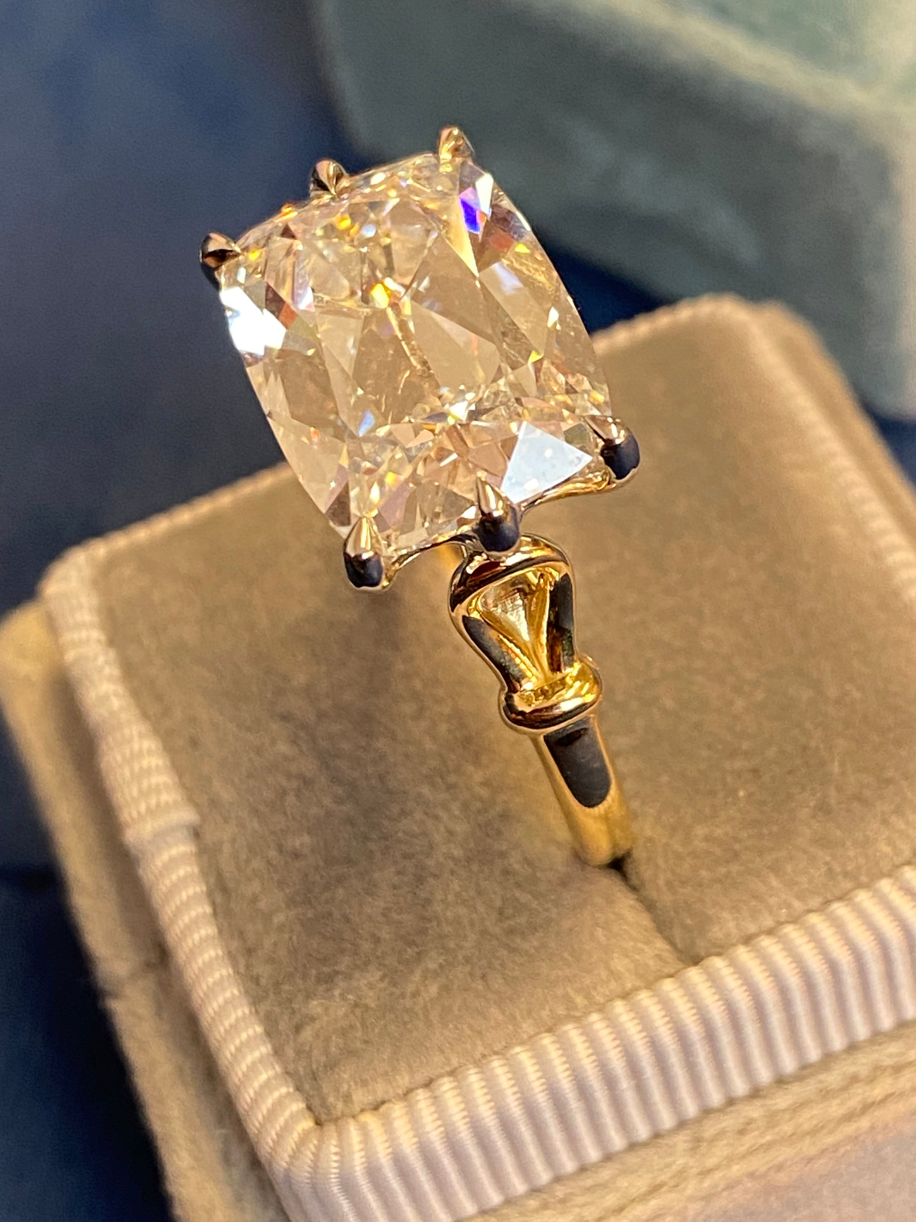 8.09 Carat Old Mine Cut Lab Diamond East West Solitaire Engagement Ring in 18ct Yellow Gold and Platinum