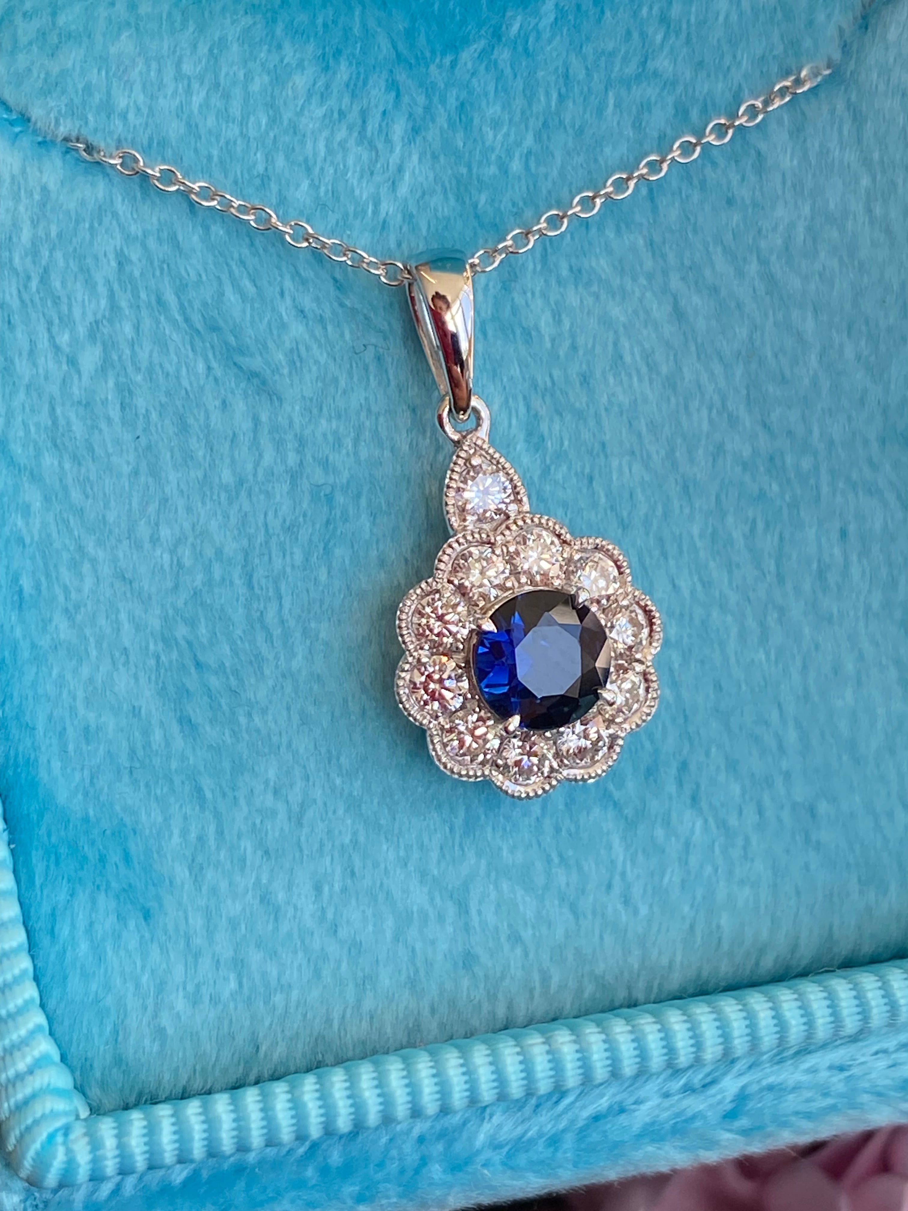 0.86 CTW Sapphire and Natural Diamond Pendant Necklace in 18ct White Gold