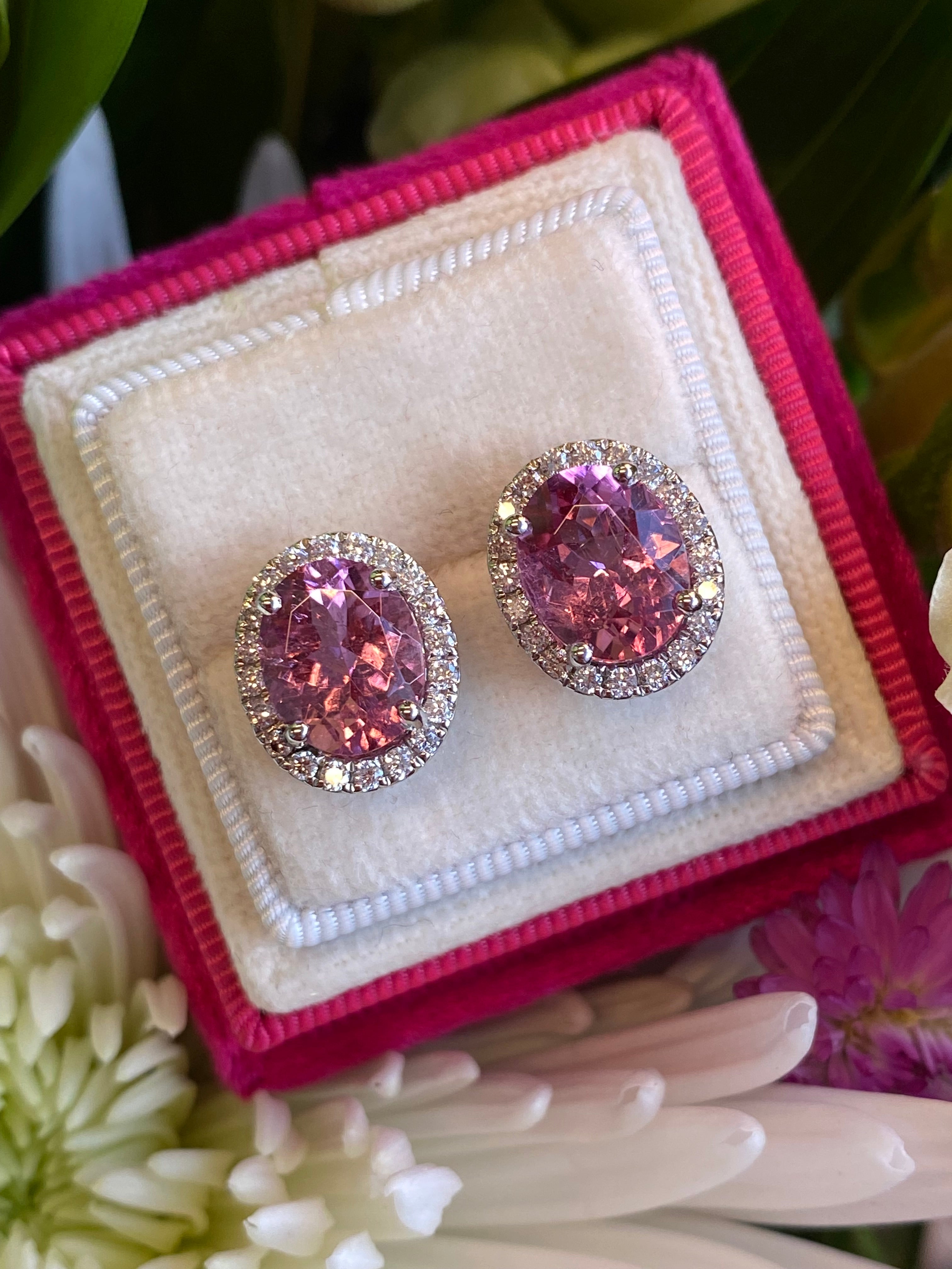 5.90 CTW Pink Tourmaline and Diamond Halo Stud Earrings in Platinum