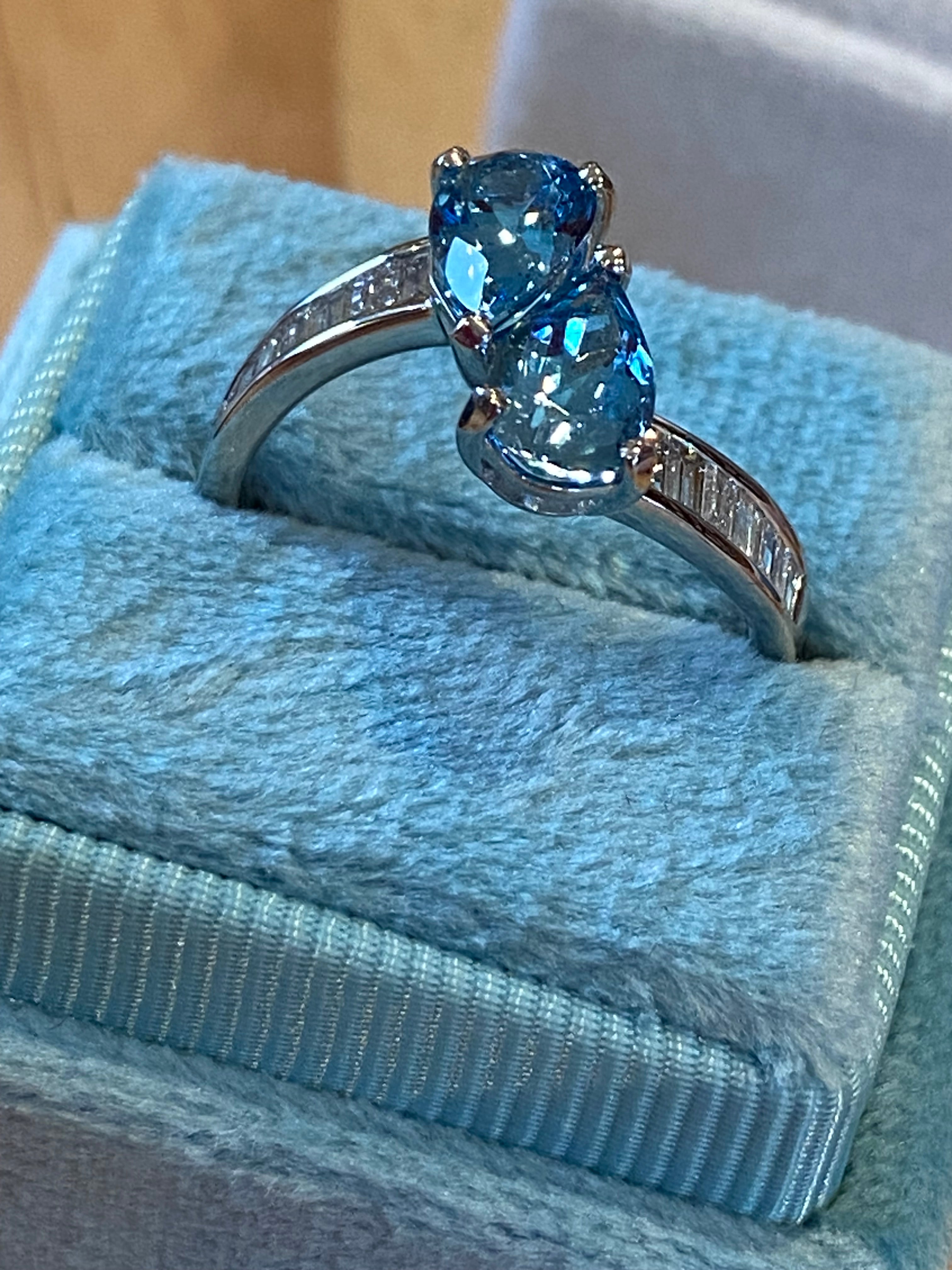 2.01 CTW Pear Cut Aquamarine and Natural Diamond Toi et Moi Ring in Platinum
