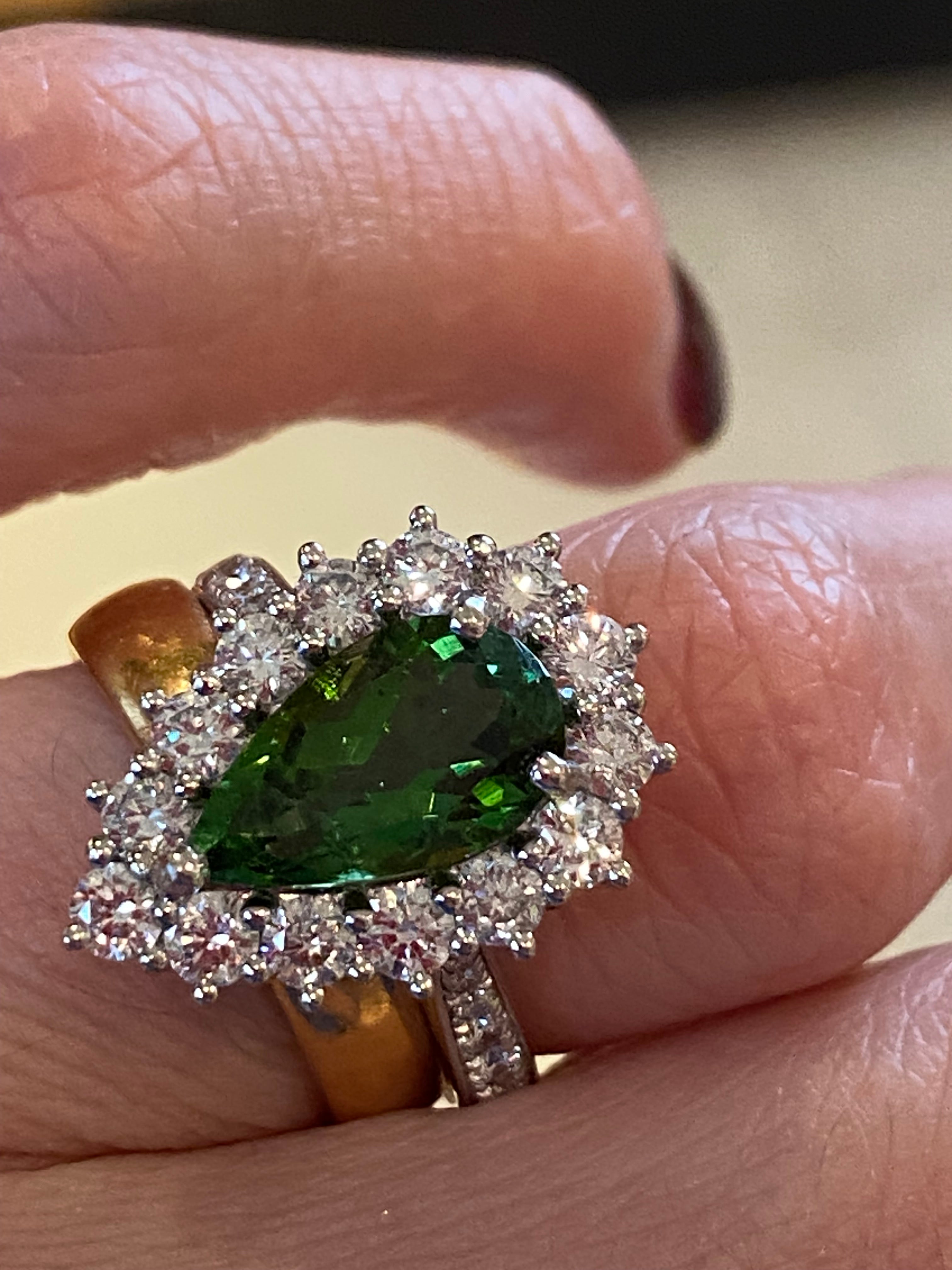 3.97 CTW Pear Cut Green Tourmaline and Natural Diamond Ring in Platinum