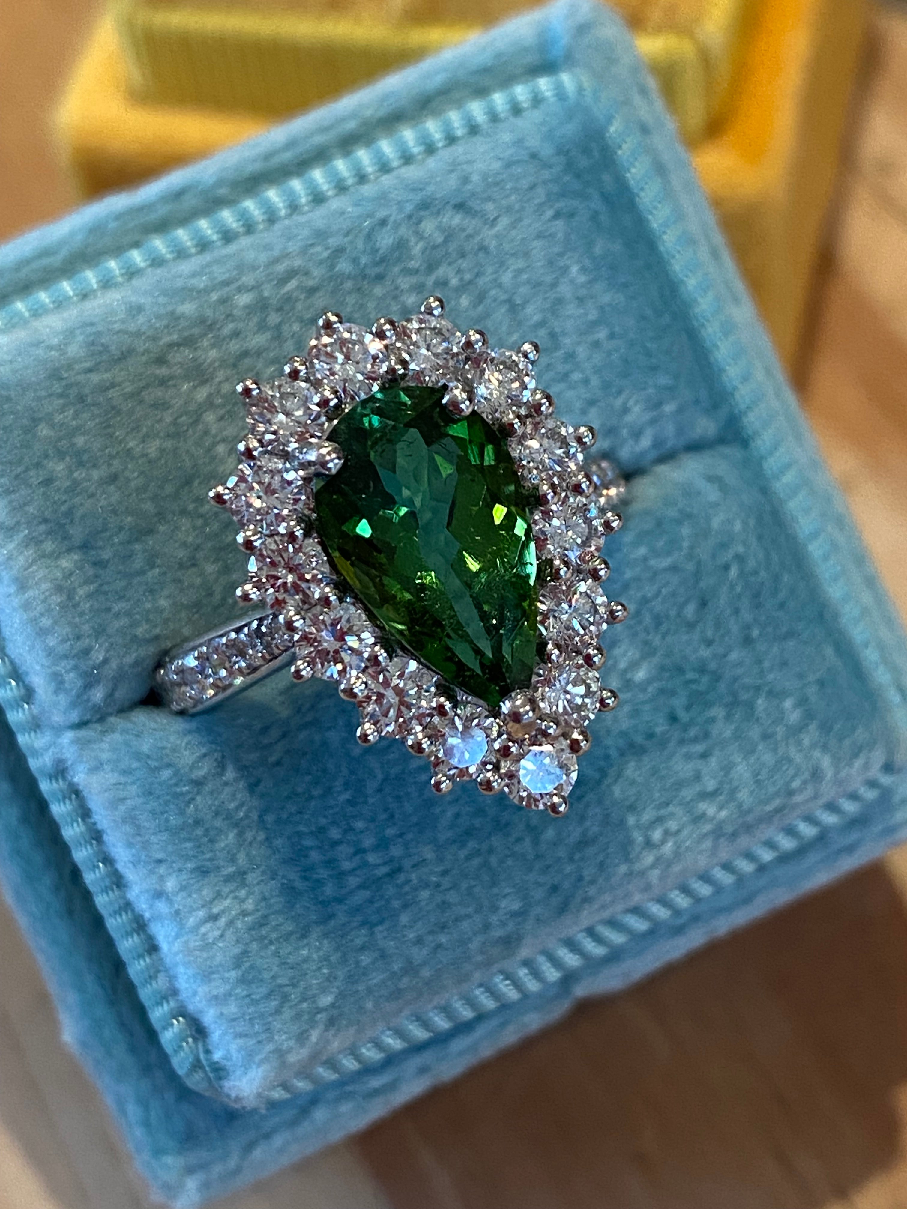 3.97 CTW Pear Cut Green Tourmaline and Natural Diamond Ring in Platinum