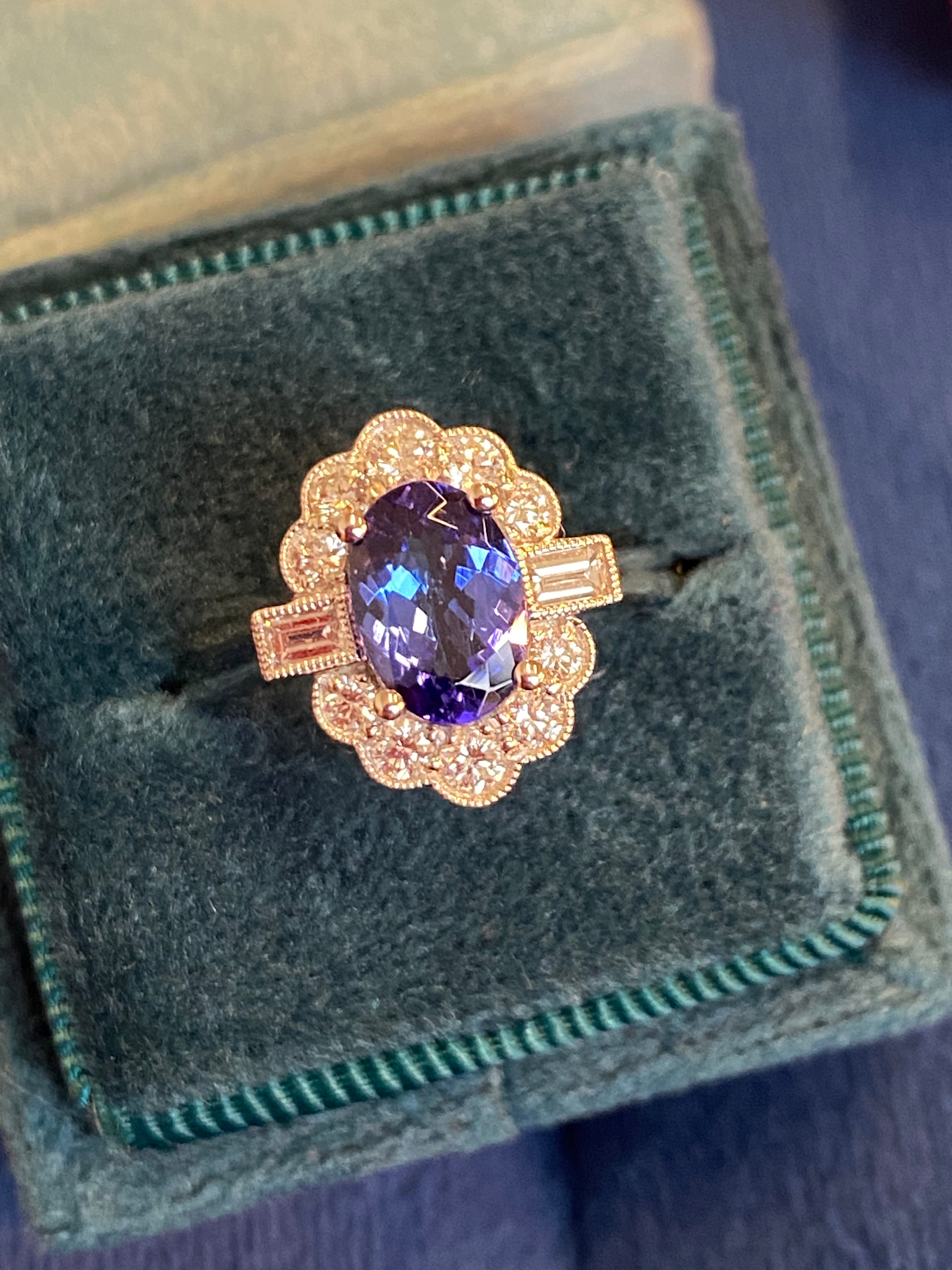 1.86 CTW Tanzanite and Natural Diamond Art Deco Style Ring in Platinum
