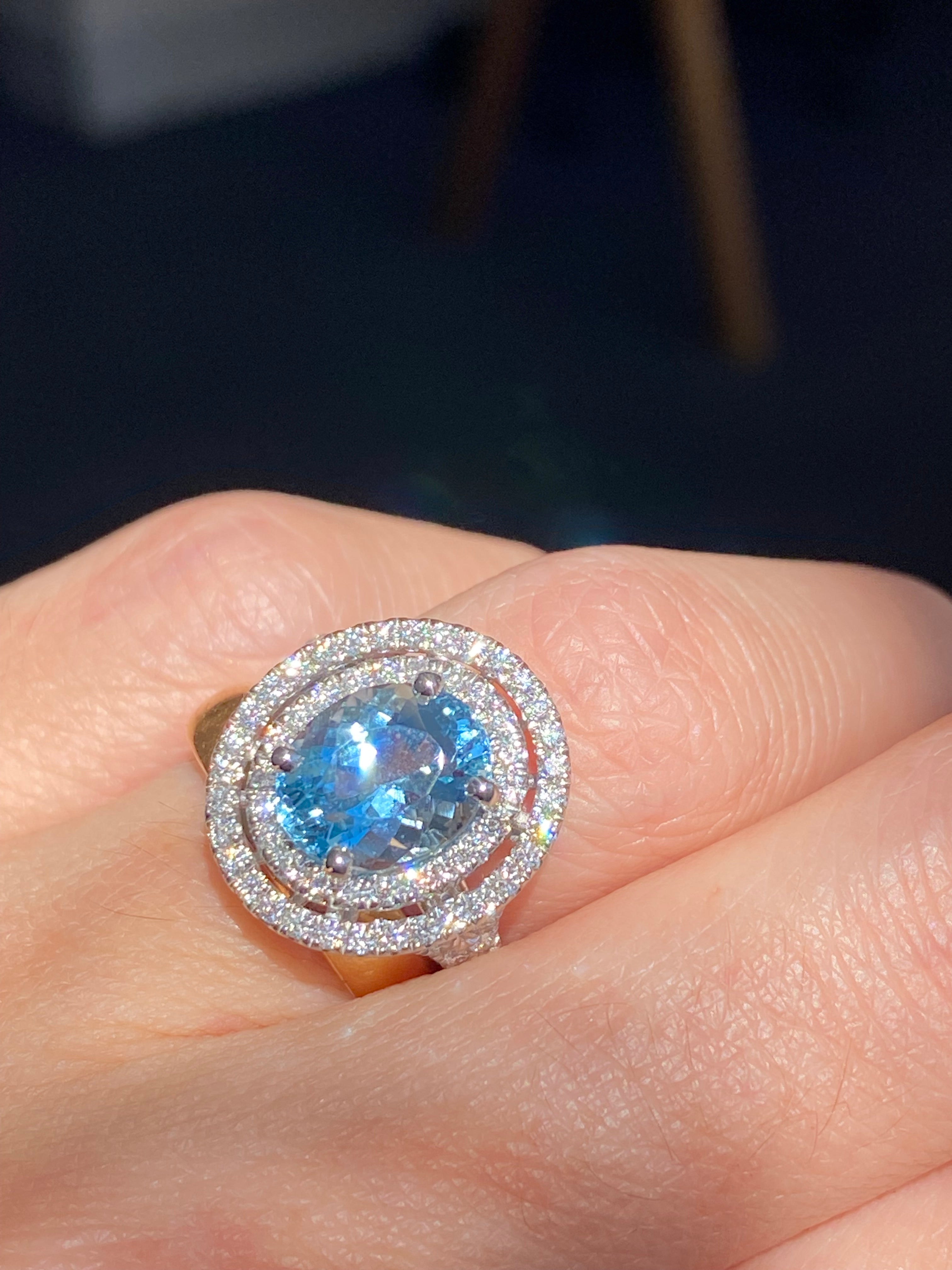 3.23 CTW Oval Cut Aquamarine and Natural Diamond Double Halo Engagement Ring in Platinum