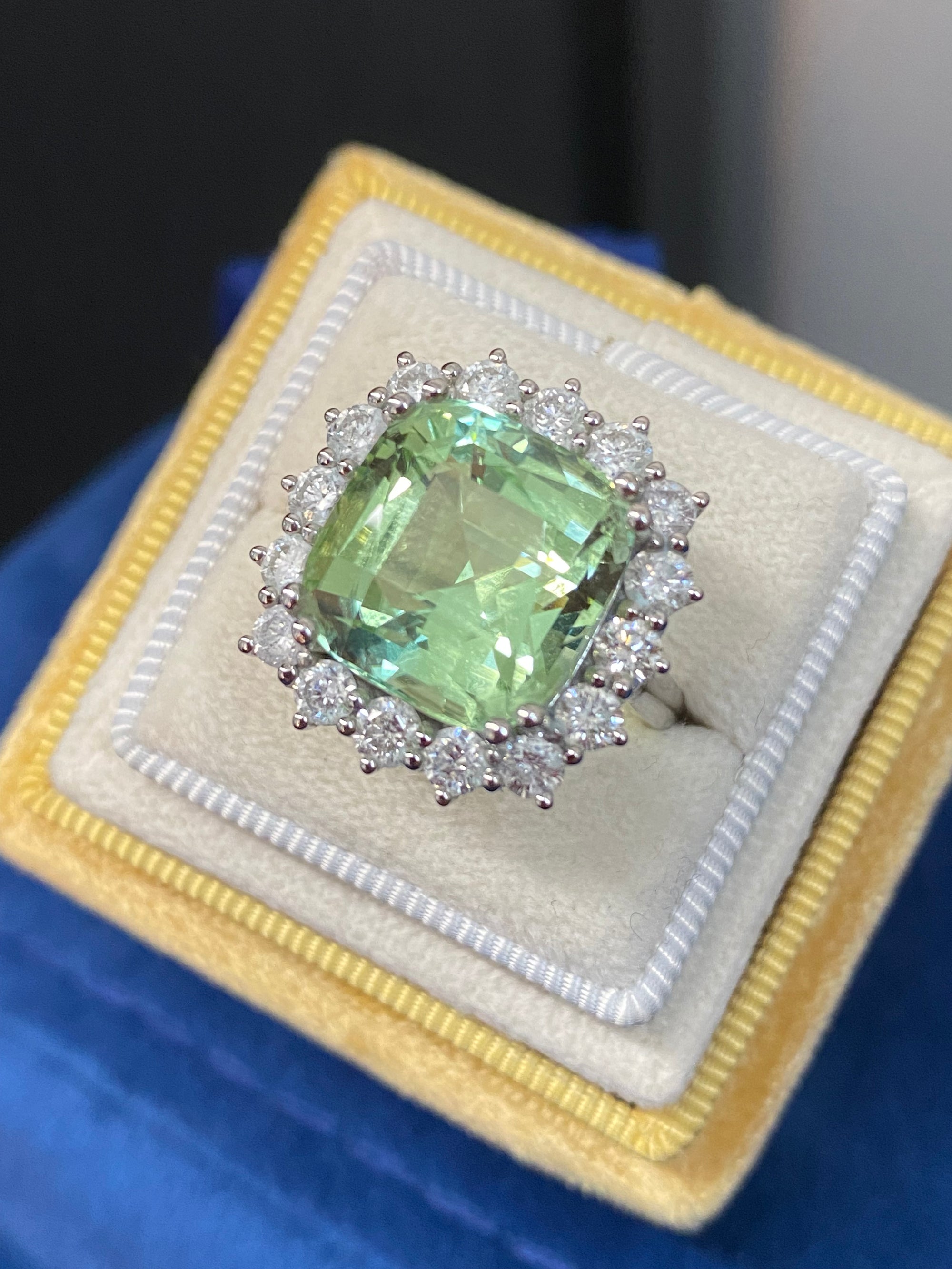 11.86 Carat Cushion Cut Mint Tourmaline and 1.88ctw Natural Diamond Ring in Platinum