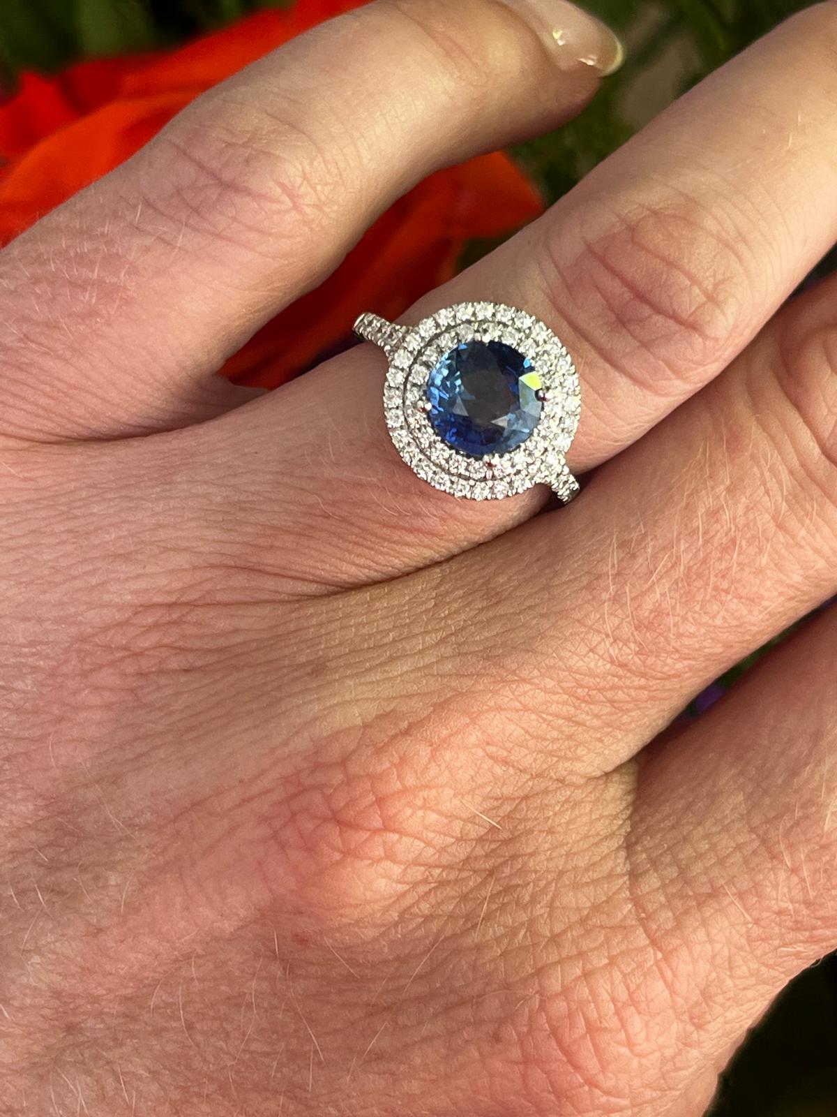 2.56 CTW Blue Ceylon Sapphire and Natural Diamond Double Halo Ring in Platinum