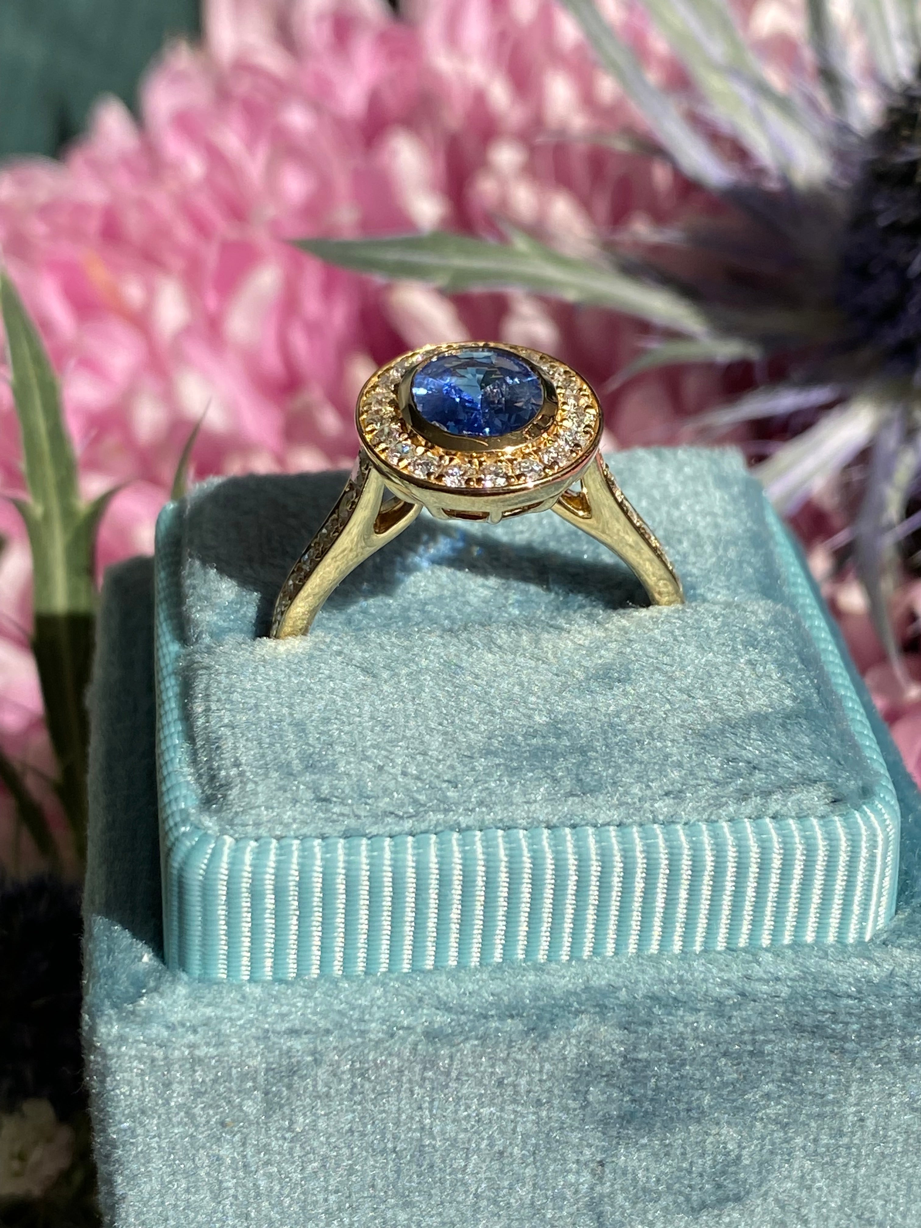 1.64 CTW Violet Sapphire and Natural Diamond Halo Ring in 18ct Yellow Gold