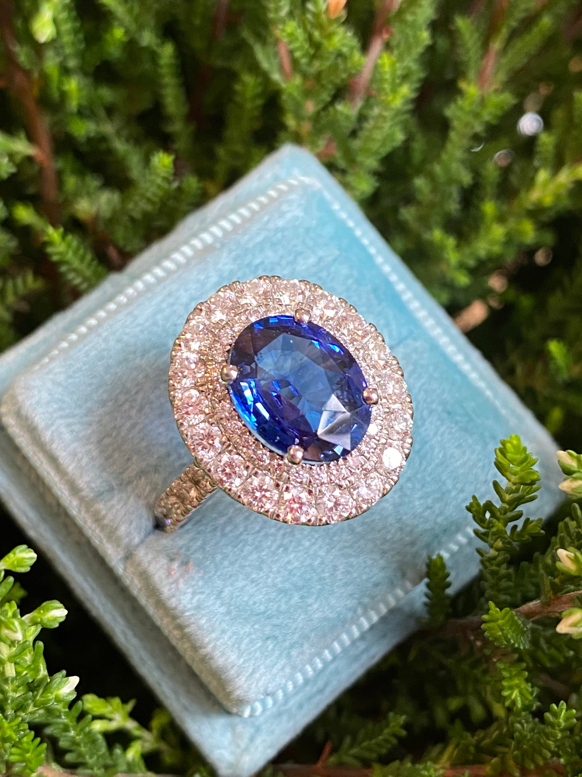 4.29 Carat Blue Ceylon Sapphire and 1.67 CTW Natural Diamond Halo Ring in Platinum