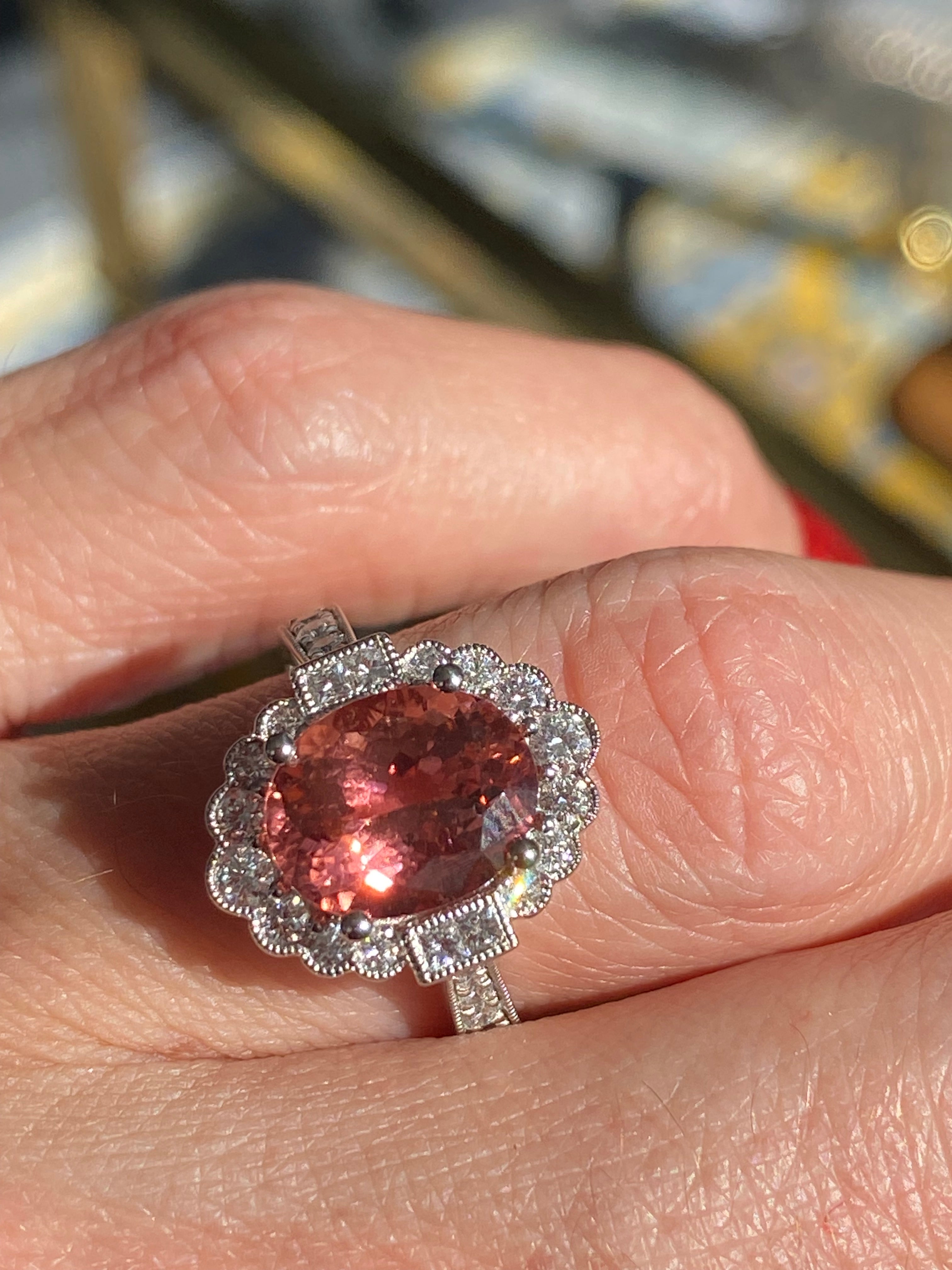 3.69 CTW Rose Tourmaline and Natural Diamond Halo Ring in Platinum