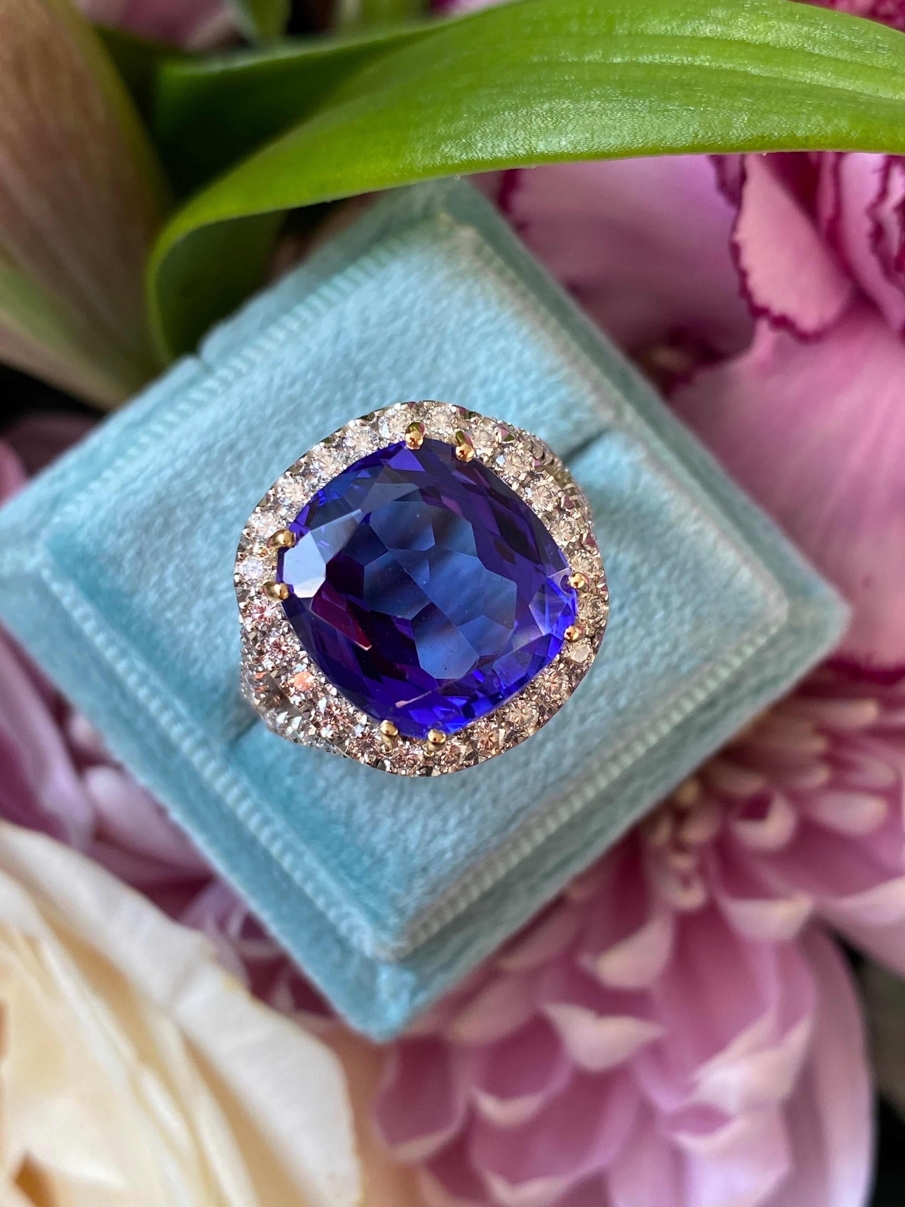 12.00 Carat Cushion-Cut Tanzanite and Diamond Ring in Platinum
