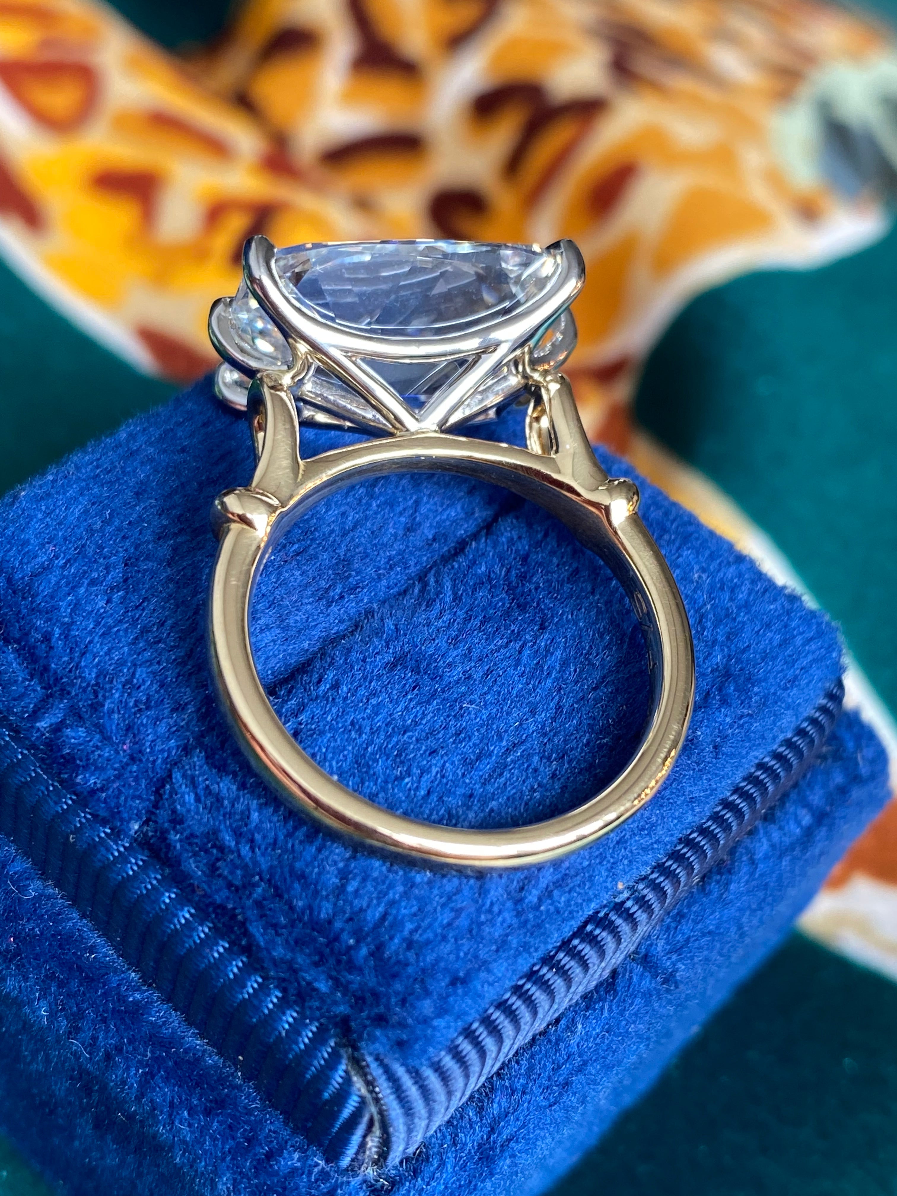 8.09 Carat Old Mine Cut Lab Diamond East West Solitaire Engagement Ring in 18ct Yellow Gold and Platinum