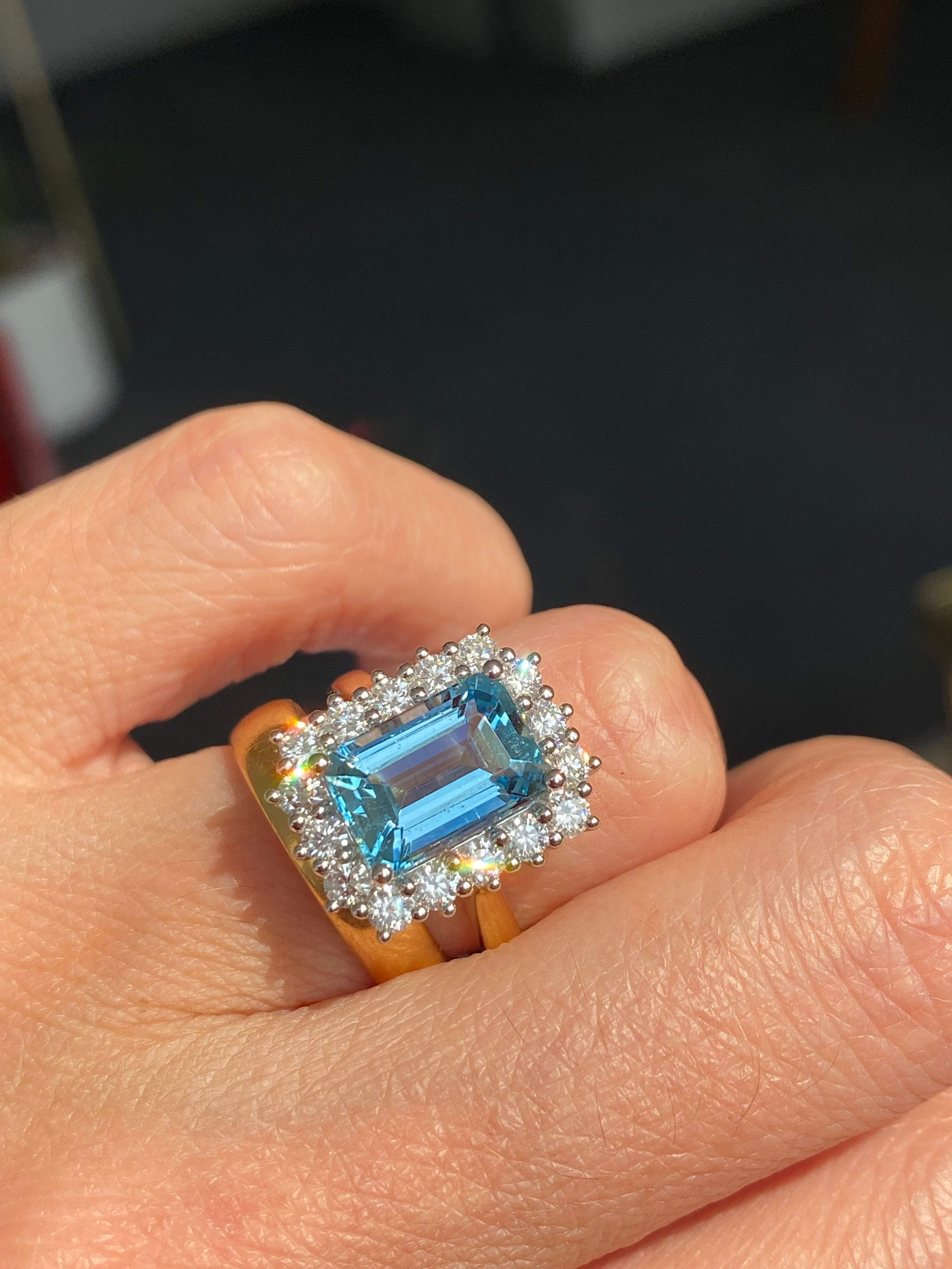 3.05 Carat Aquamarine and 0.89ctw Natural Diamond Halo Ring in Platinum and 18ct Yellow Gold