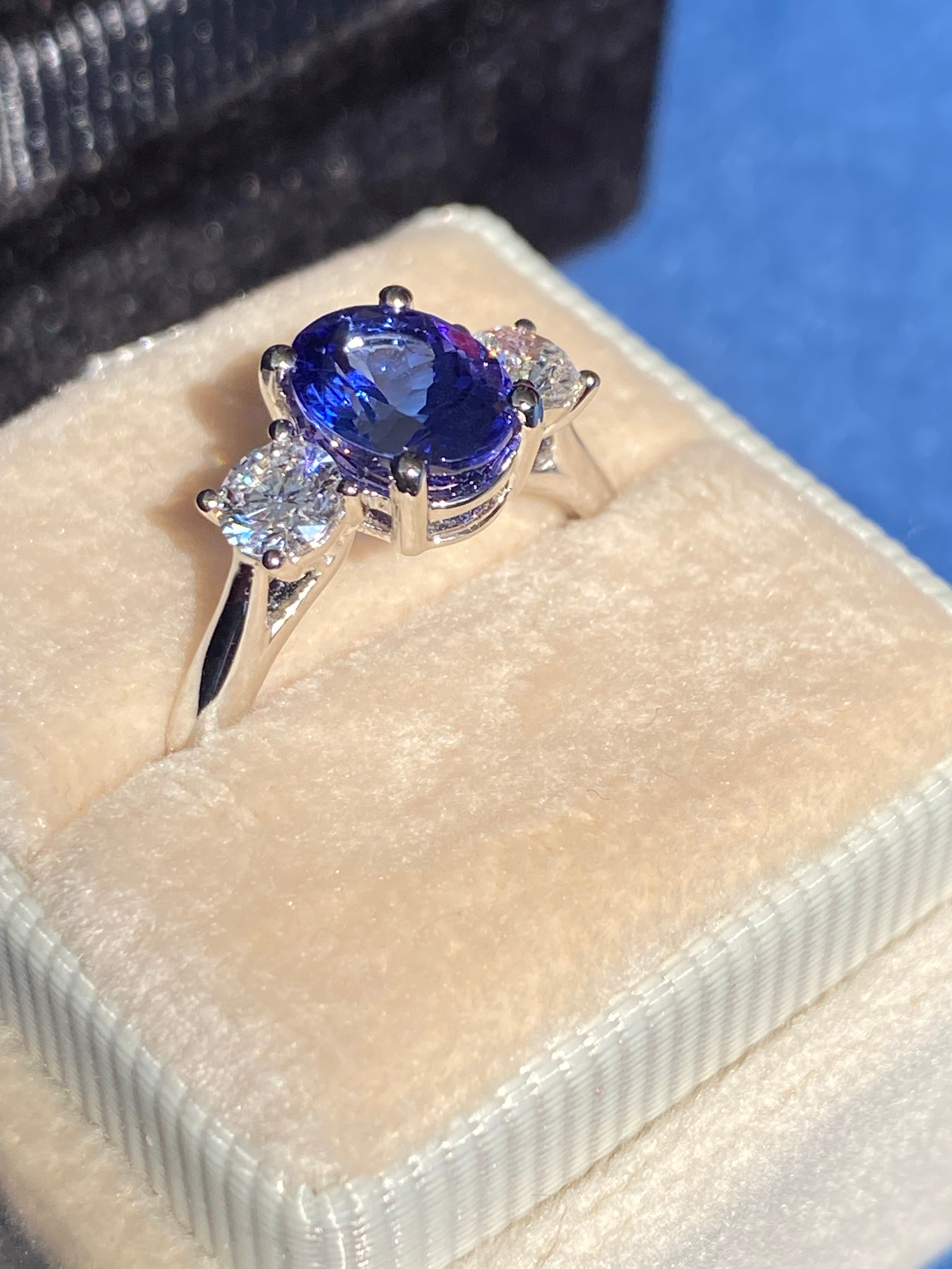 2.08 CTW Tanzanite and Natural Diamond Three Stone Ring in Platinum