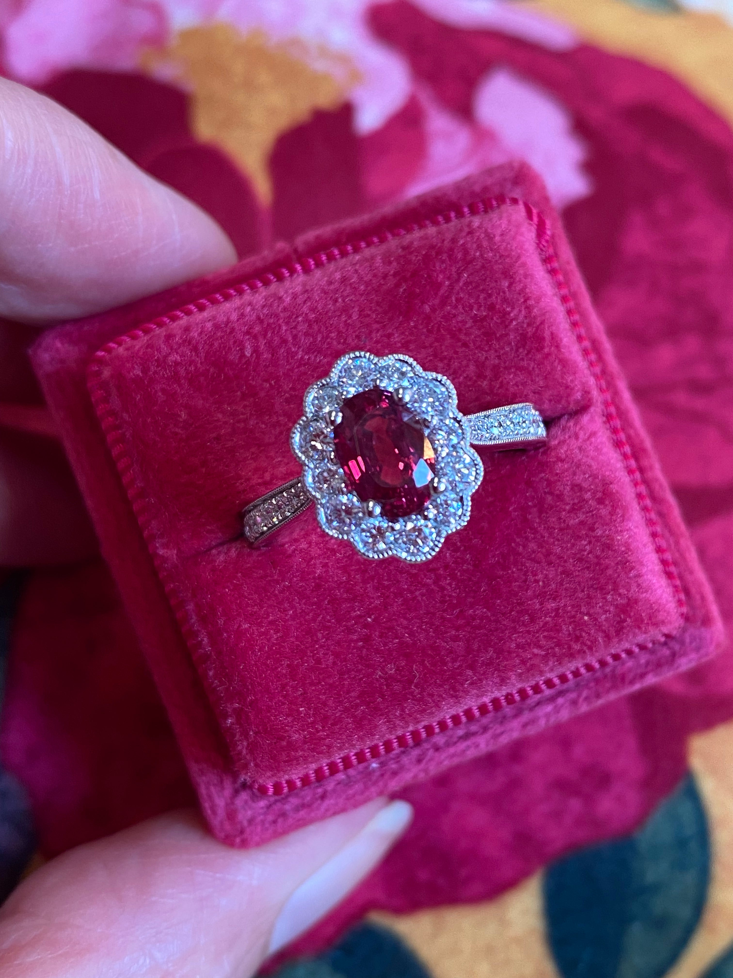 1.92ctw Oval-Cut Ruby and Natural Diamond Halo Ring in Platinum