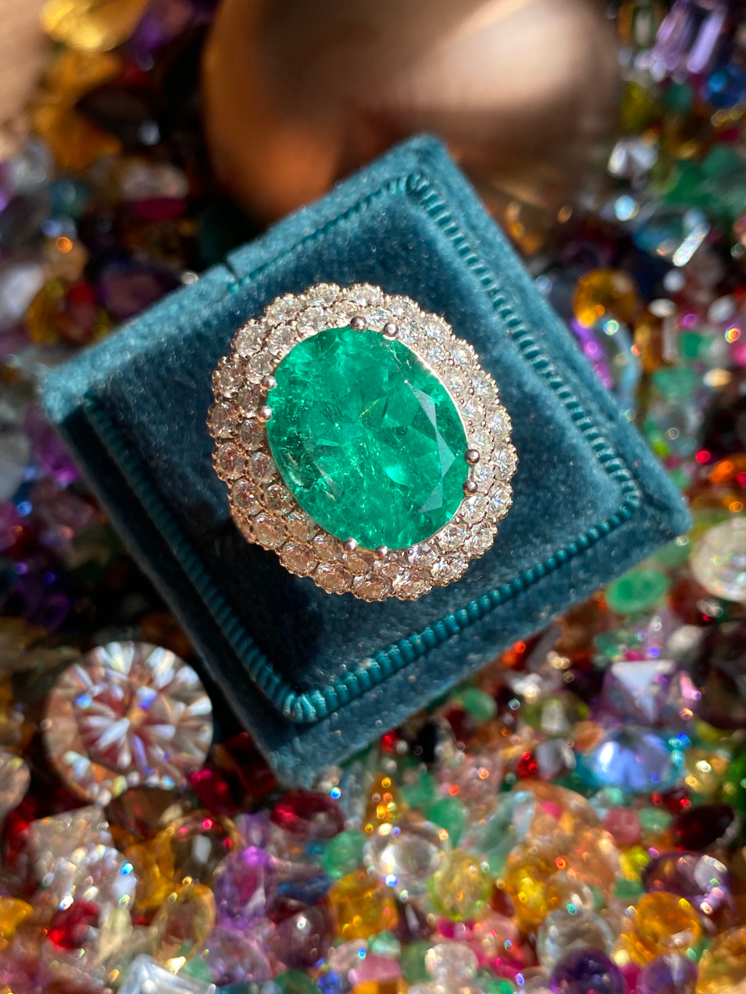 9.10 CTW Colombian Emerald and Natural Diamond Double Halo Ring in Platinum