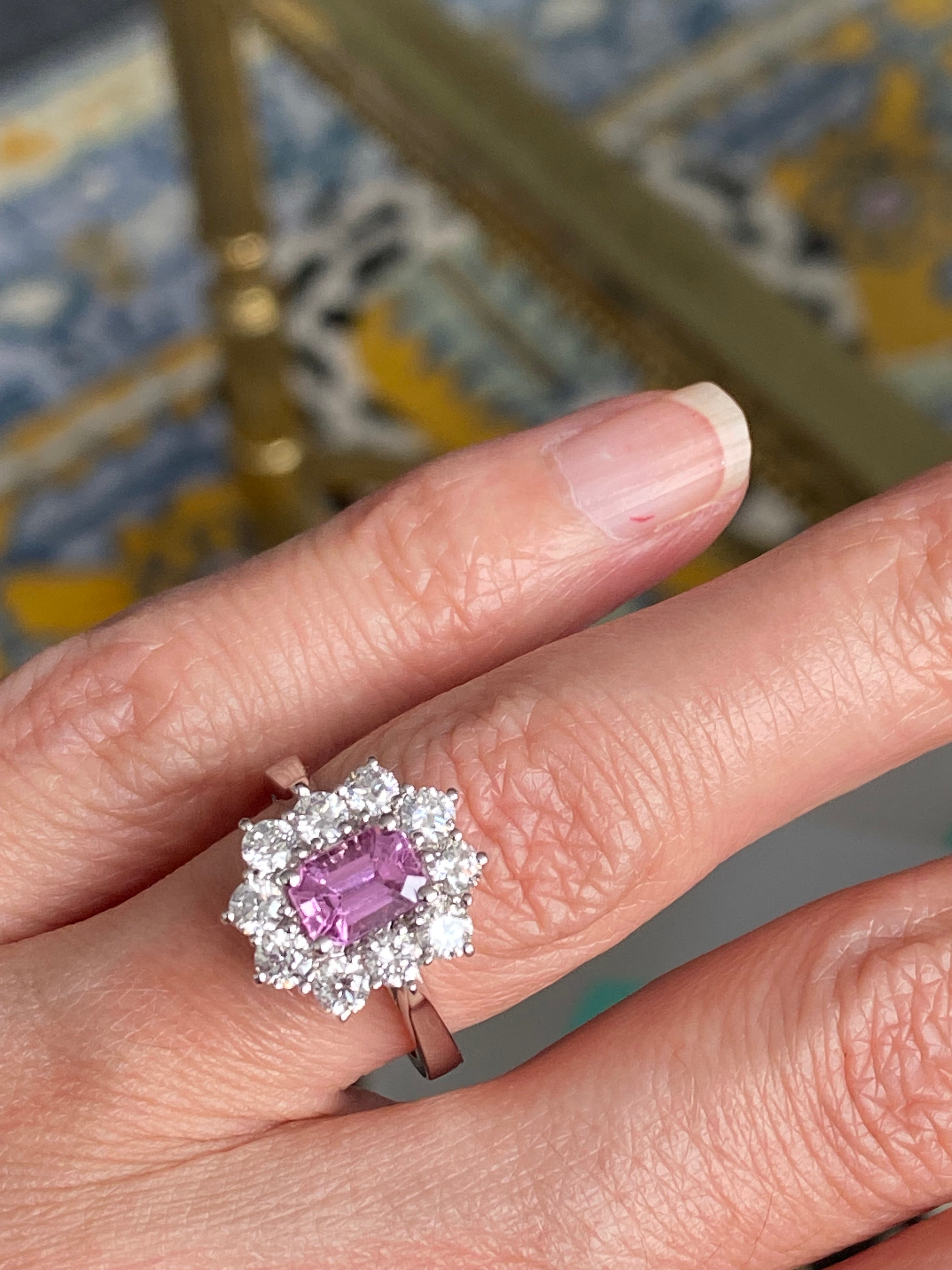 2.33 CTW Emerald Cut Pink Sapphire and Natural Diamond Halo Ring in Platinum