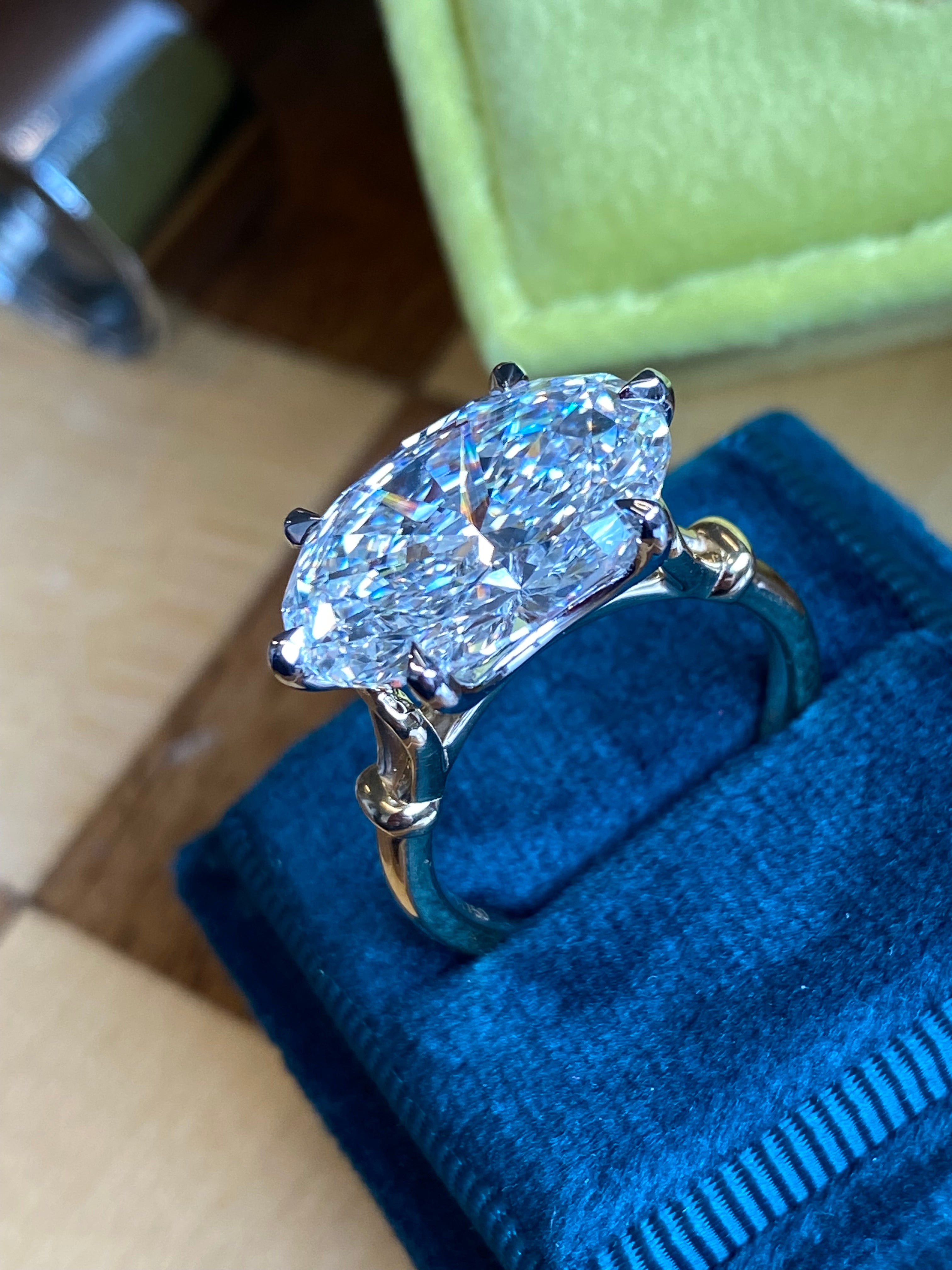 8.01 Carat Oval Cut Lab Diamond East West Solitaire Engagement Ring in 18ct Yellow Gold and Platinum