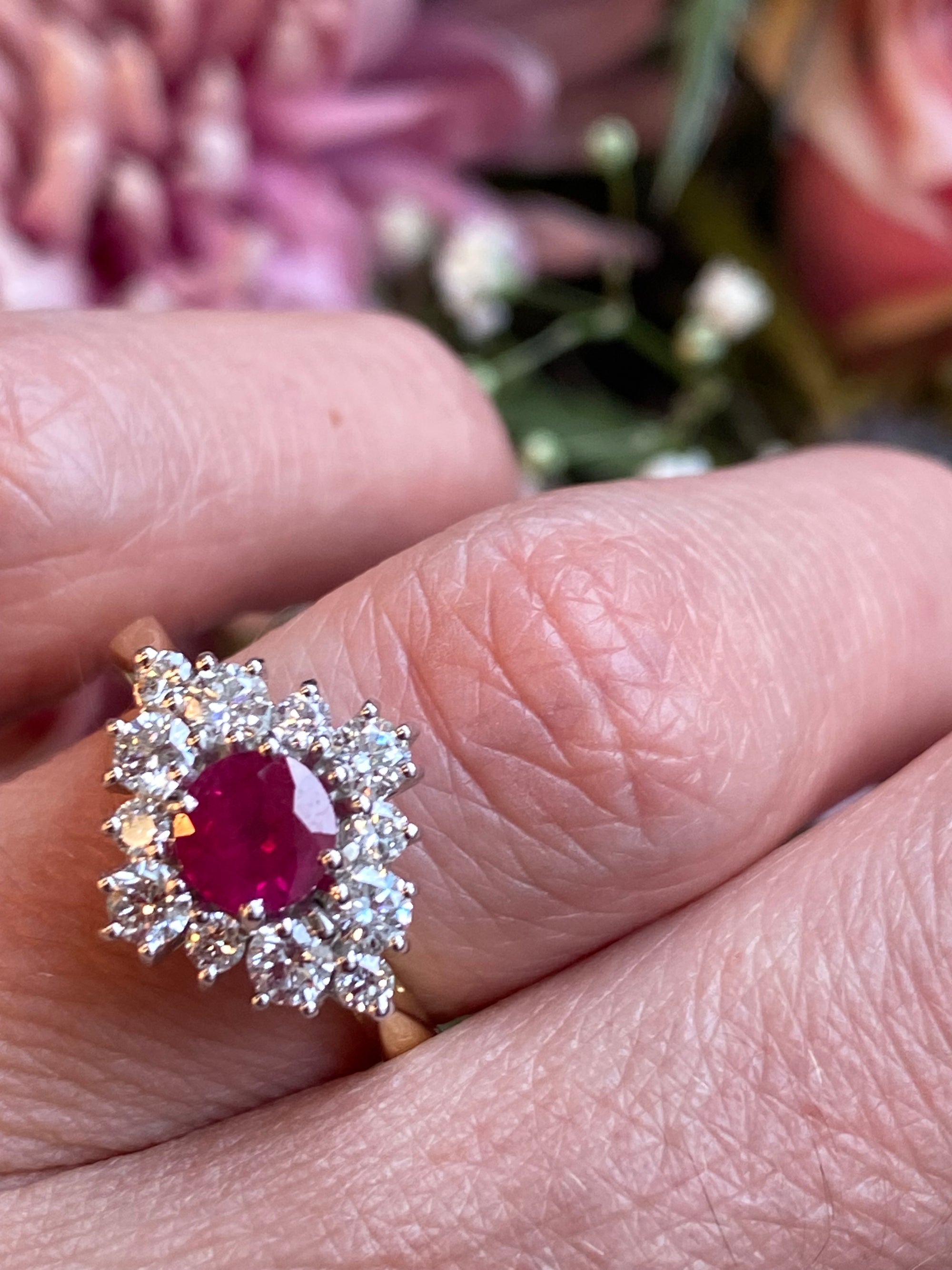 1.31 CTW Round-Cut Ruby and Natural Diamond Halo Ring in 18ct White and Yellow Gold