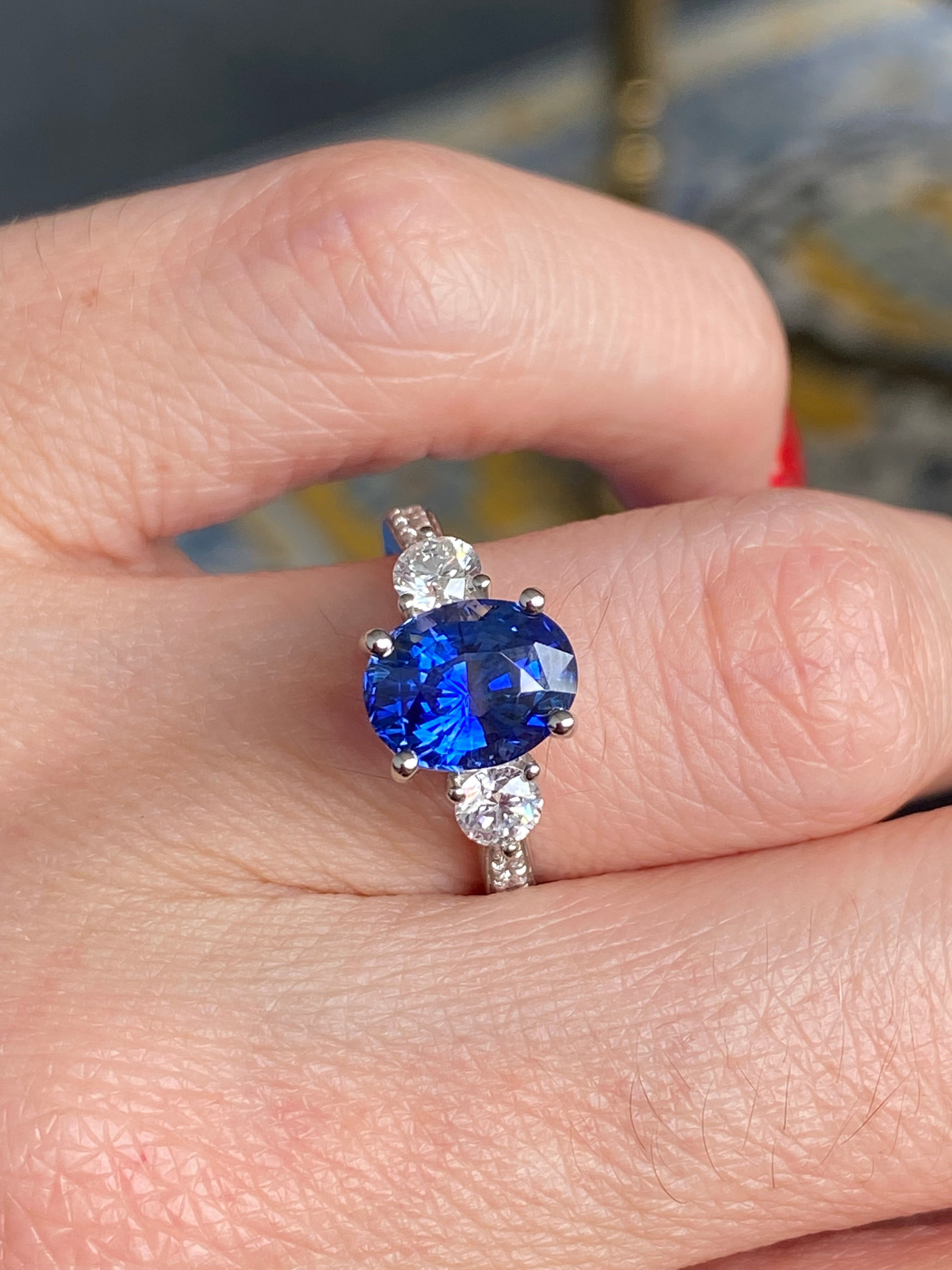 3.68 CTW Blue Ceylon Sapphire and Natural Diamond Three Stone Engagement Ring in Platinum