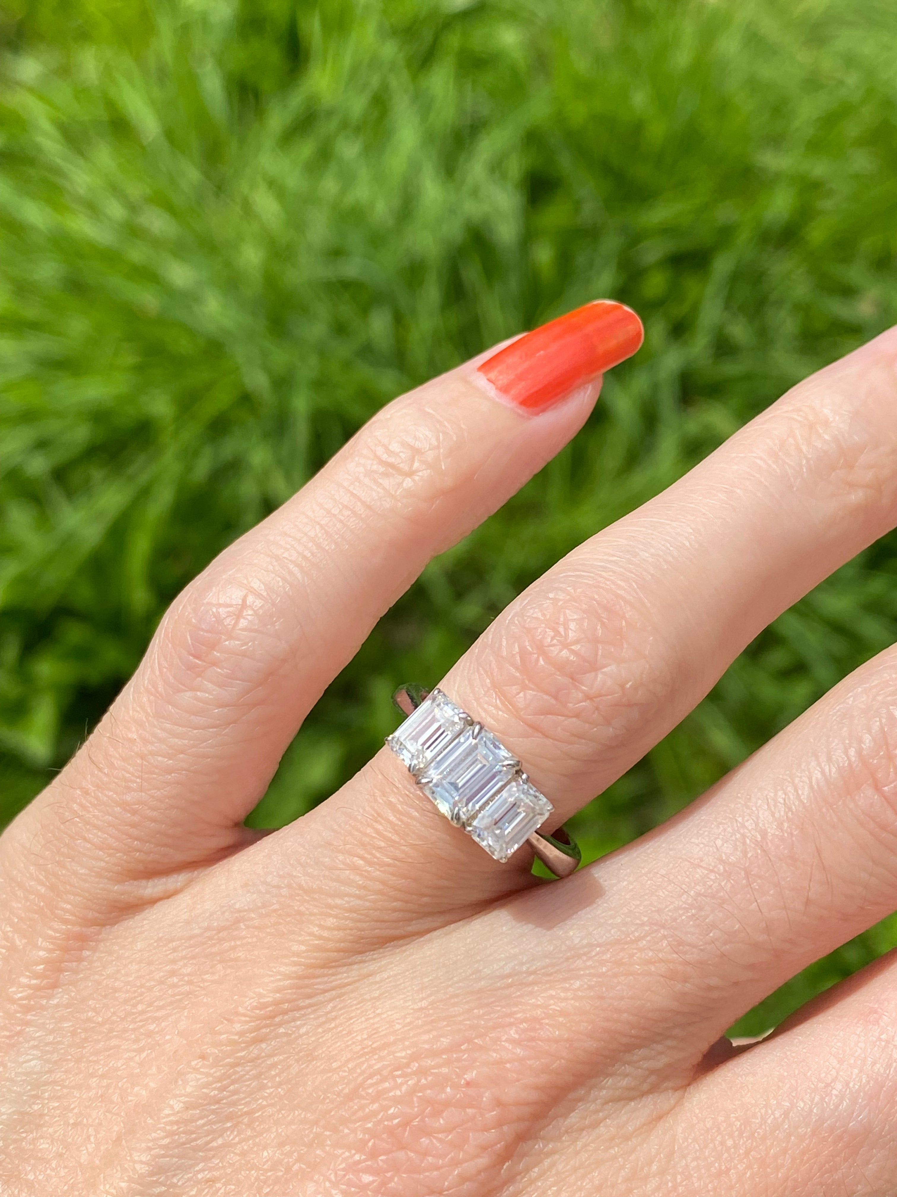 2.00 CTW Emerald Cut Moissanite Three Stone Engagement Ring in Sterling Silver