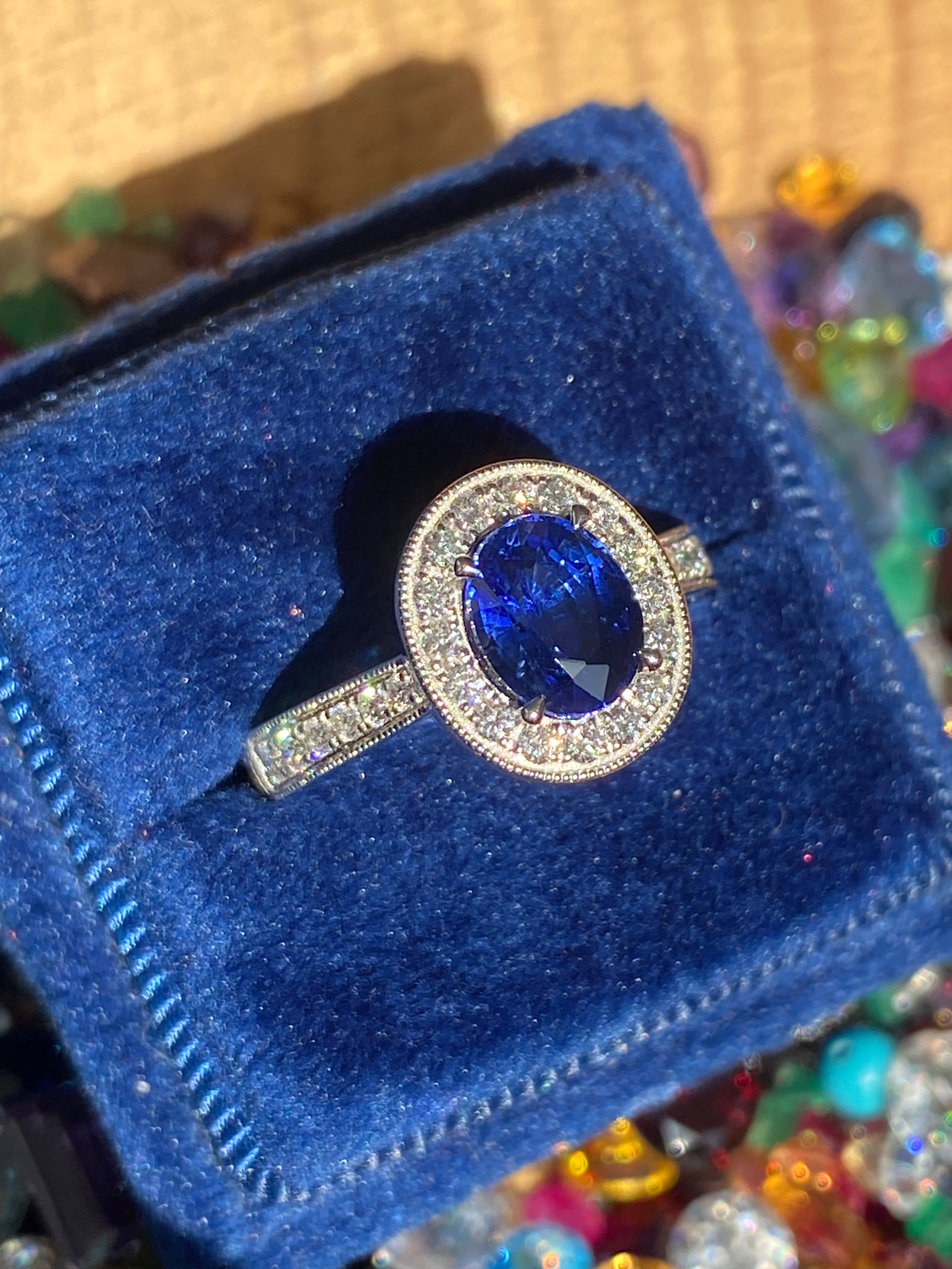 2.14 CTW Blue Ceylon Sapphire and Natural Diamond Halo Ring in Platinum