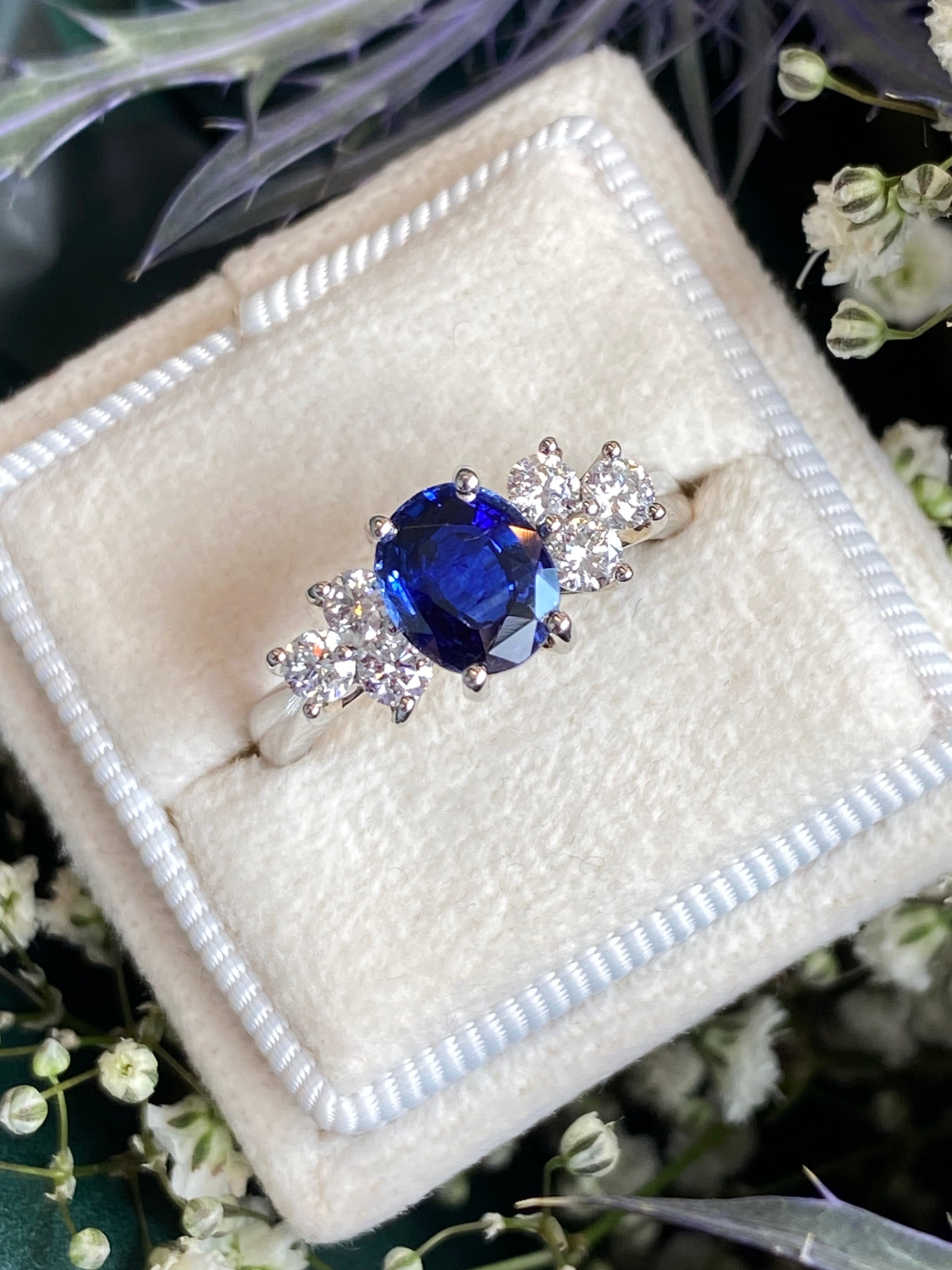 1.92 CTW Blue Ceylon Sapphire and Natural Diamond Trefoil Engagement Ring in Platinum