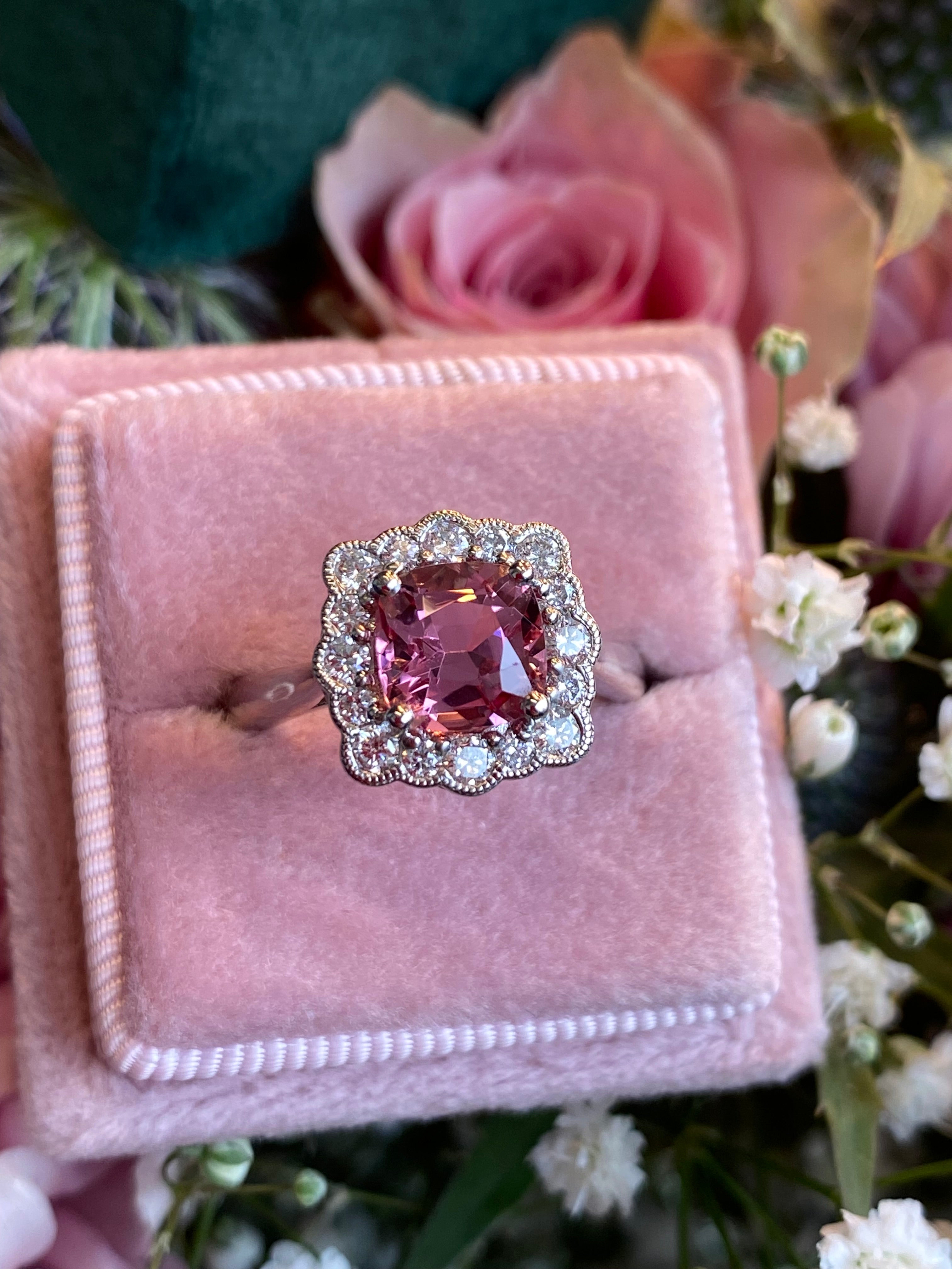 1.58 Carat Cushion Cut Pink Tourmaline and Natural Diamond Ring in Platinum