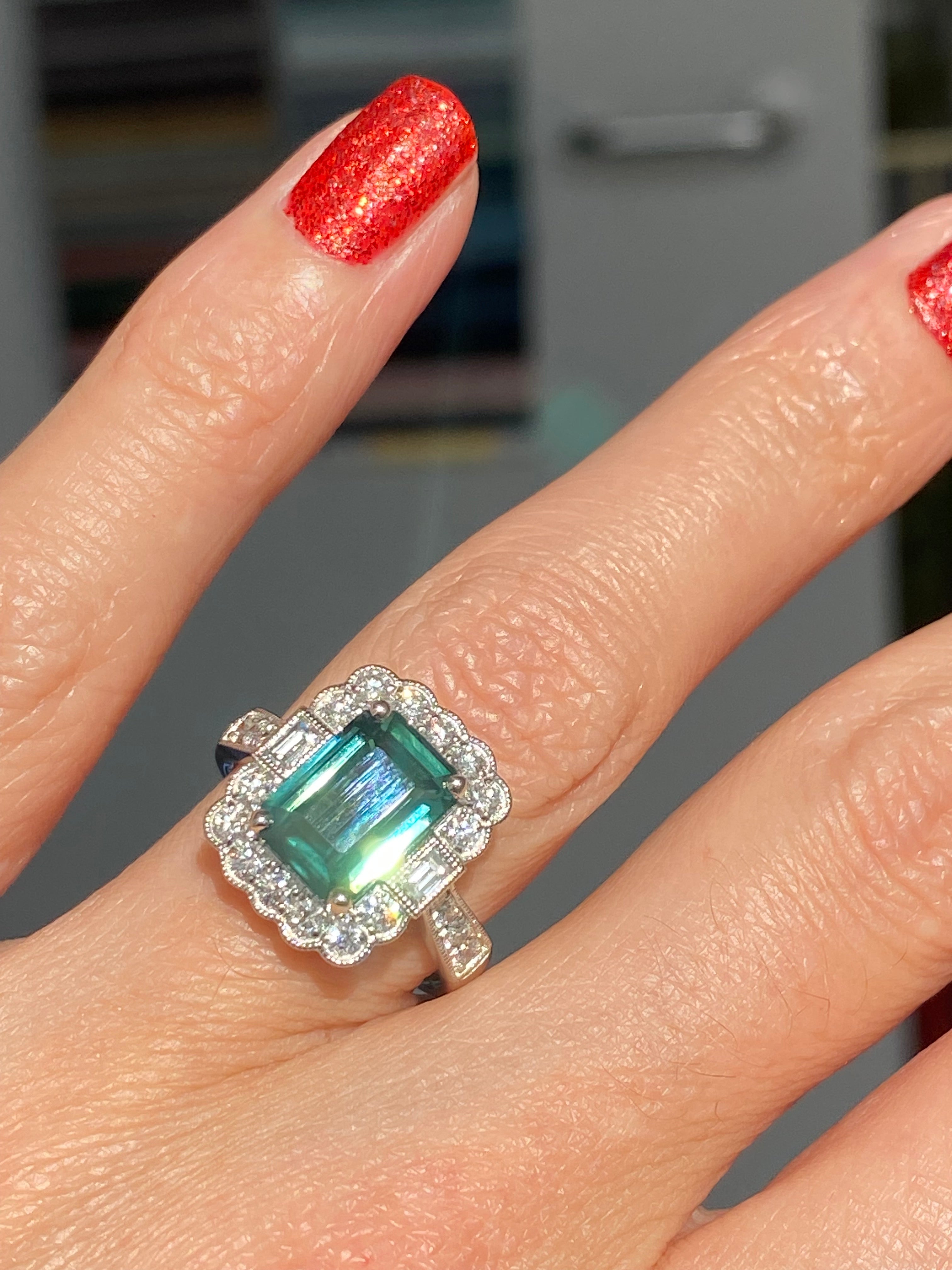 3.73 Carat Teal Sapphire and Natural Diamond Ring in Platinum