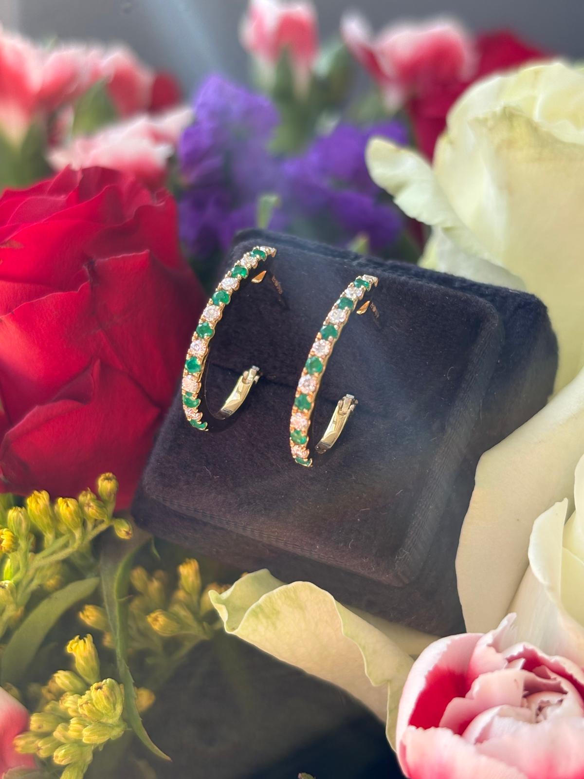 Emerald and Diamond Hoop Earrings in 18ct Yellow Gold