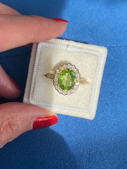 2.96 Carat Peridot and Natural Diamond Halo Ring in 18ct Yellow Gold