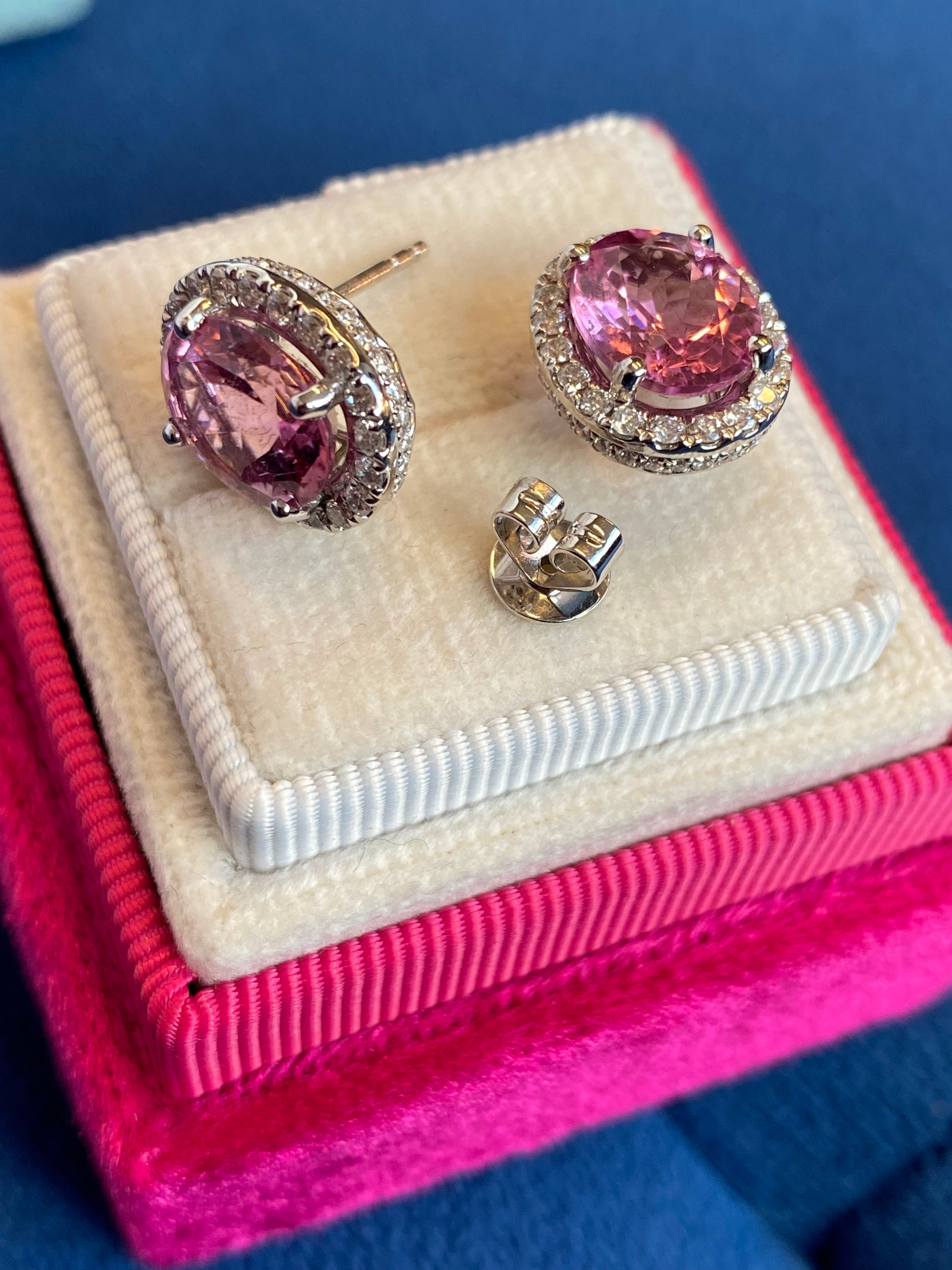 5.90 CTW Pink Tourmaline and Diamond Halo Stud Earrings in Platinum