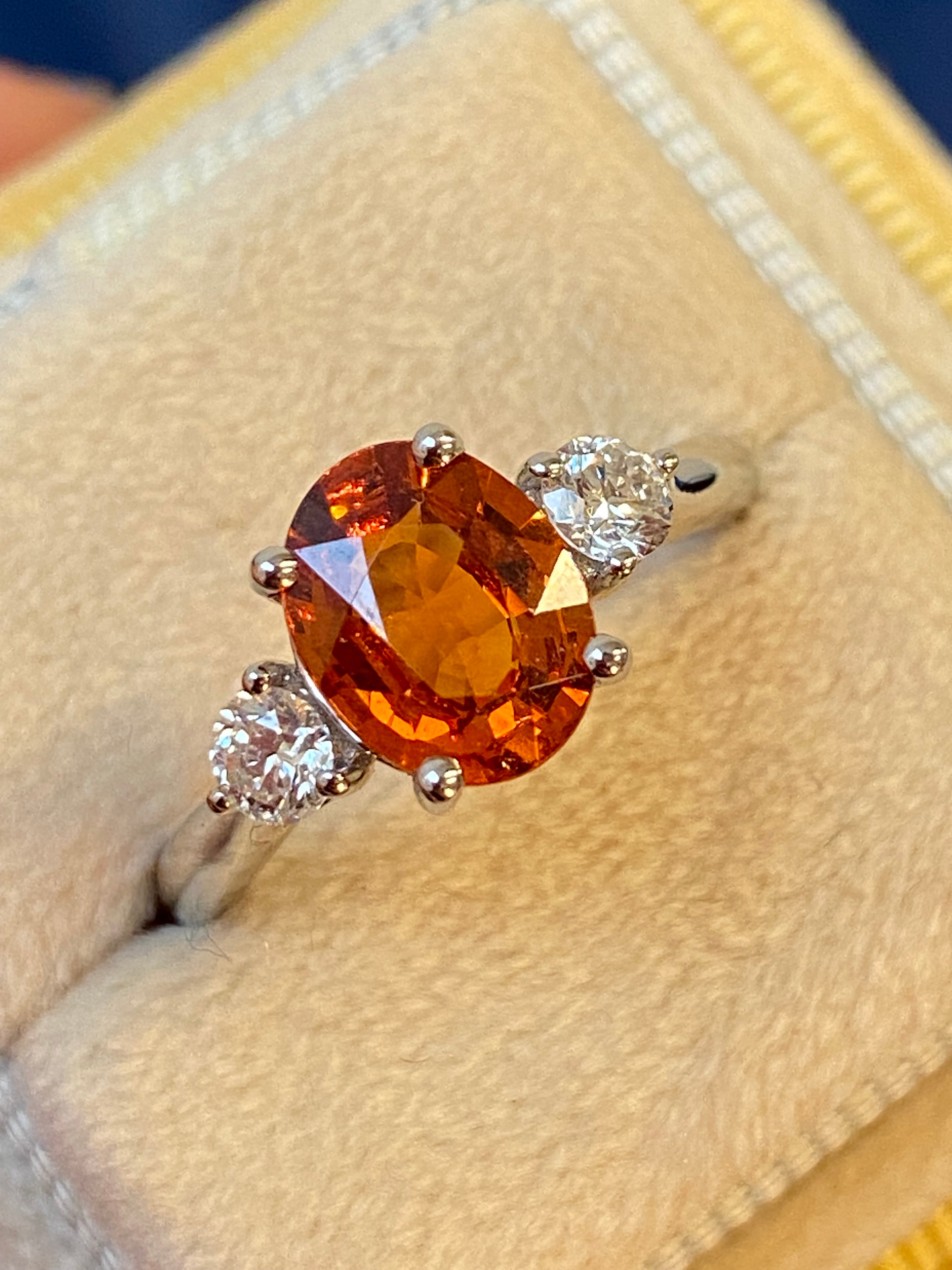 2.42 CTW Mandarin Garnet and Natural Diamond Three Stone Ring in Platinum
