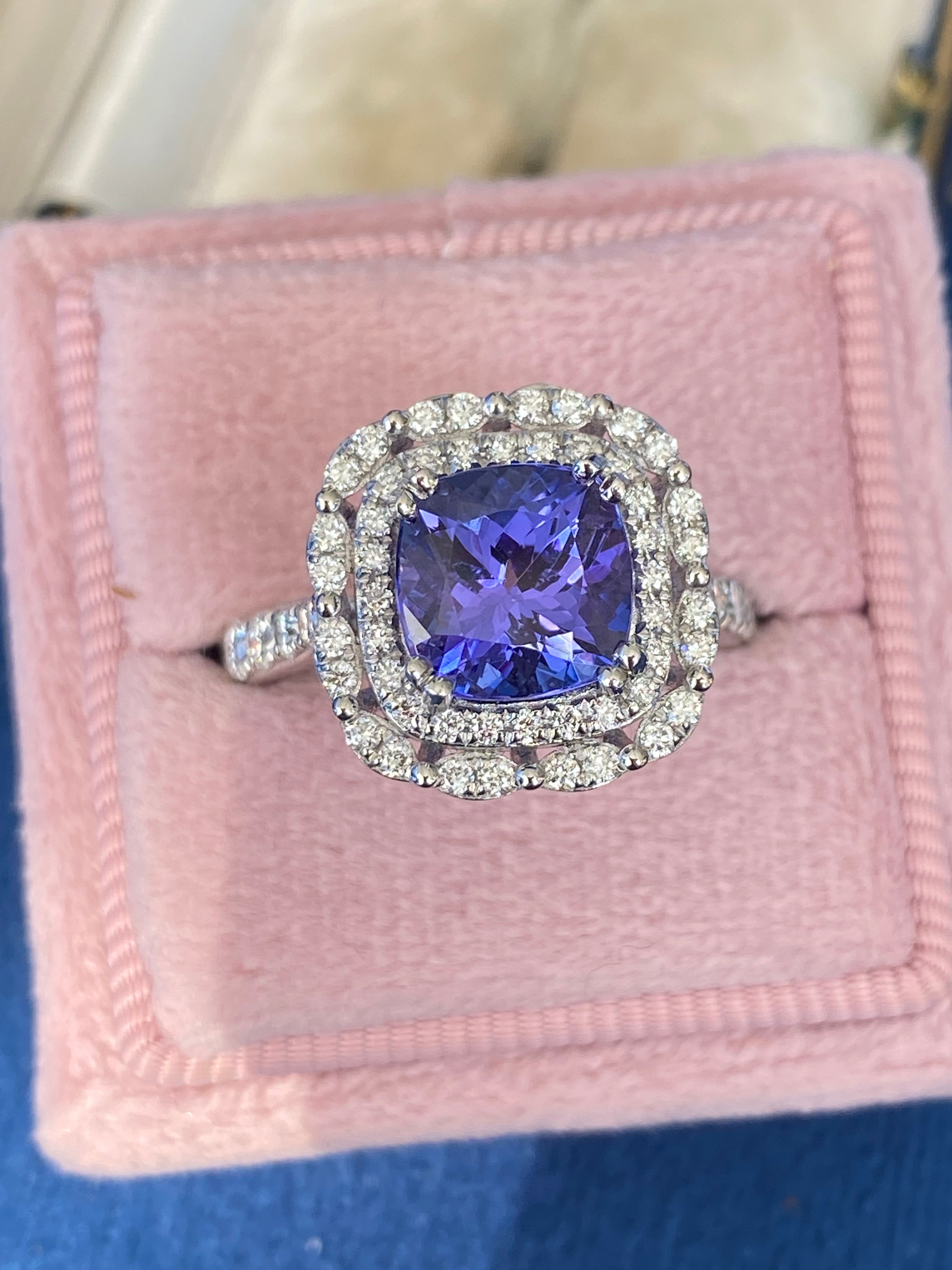 2.36 Carat Cushion Cut Tanzanite and 0.71 ctw Natural Diamond Ring in Platinum