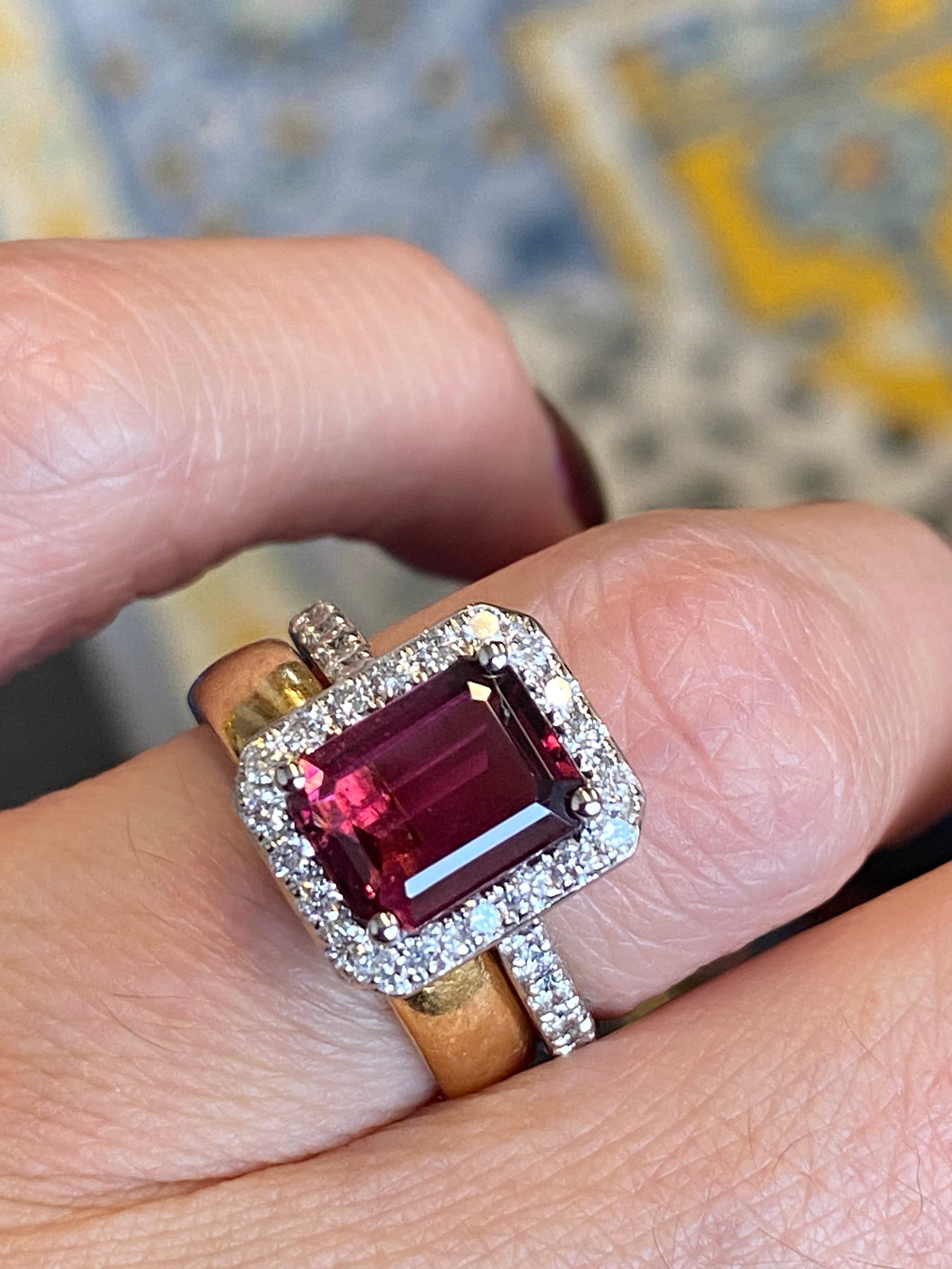2.71 CTW Emerald Cut Pink Tourmaline and Natural Diamond Halo Ring in Platinum