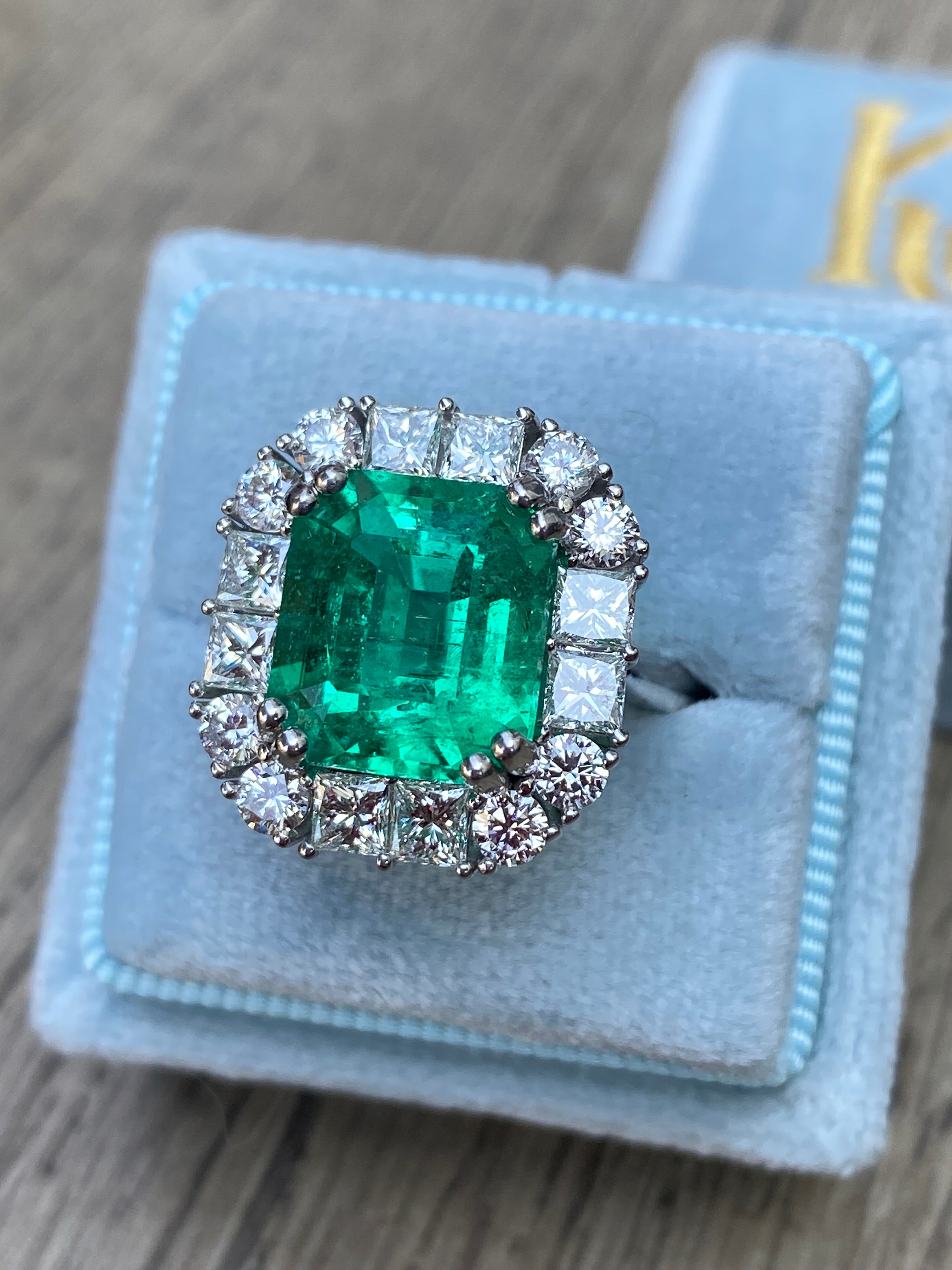 5.92 Carat Emerald Cut Colombian Emerald and Diamond Halo Ring in Platinum
