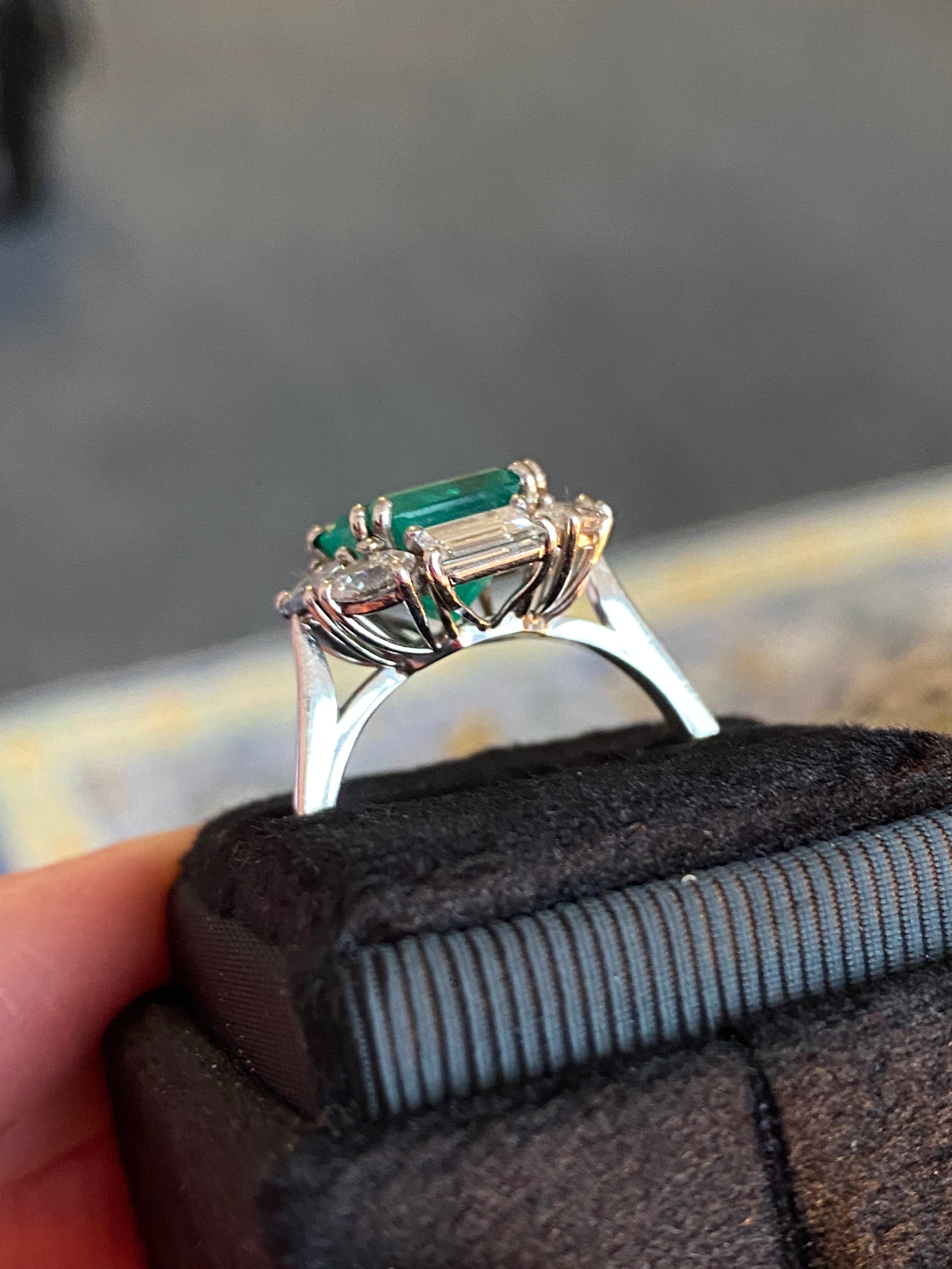 5.66 CTW Vintage Sqaure Emerald Cut Colombian Emerald and Natural Diamond Halo Ring in Platinum