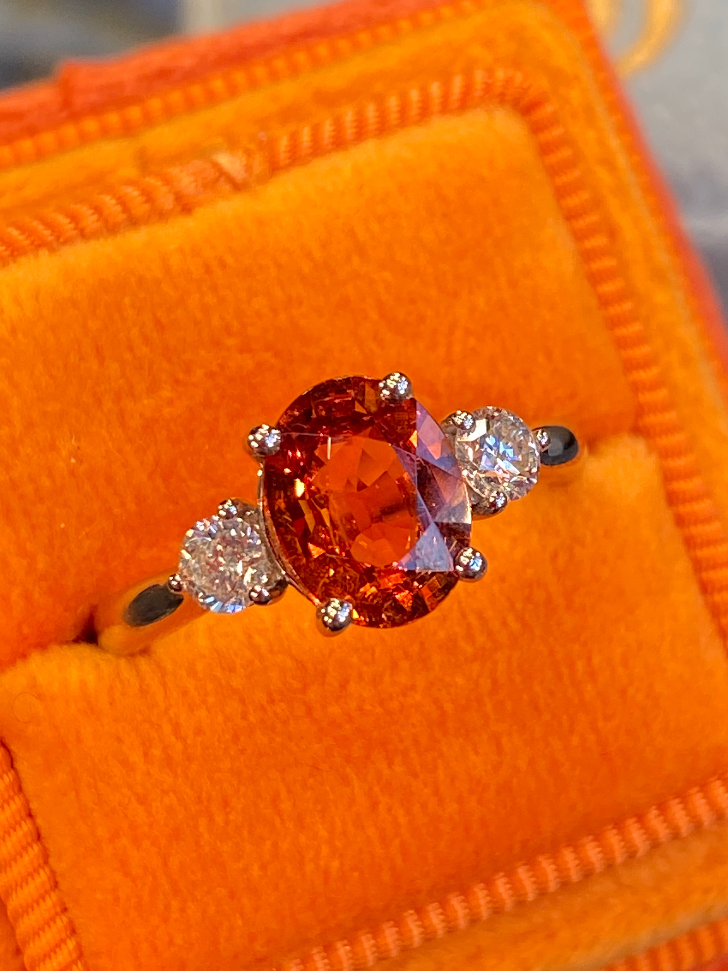 2.42 CTW Mandarin Garnet and Natural Diamond Three Stone Ring in Platinum