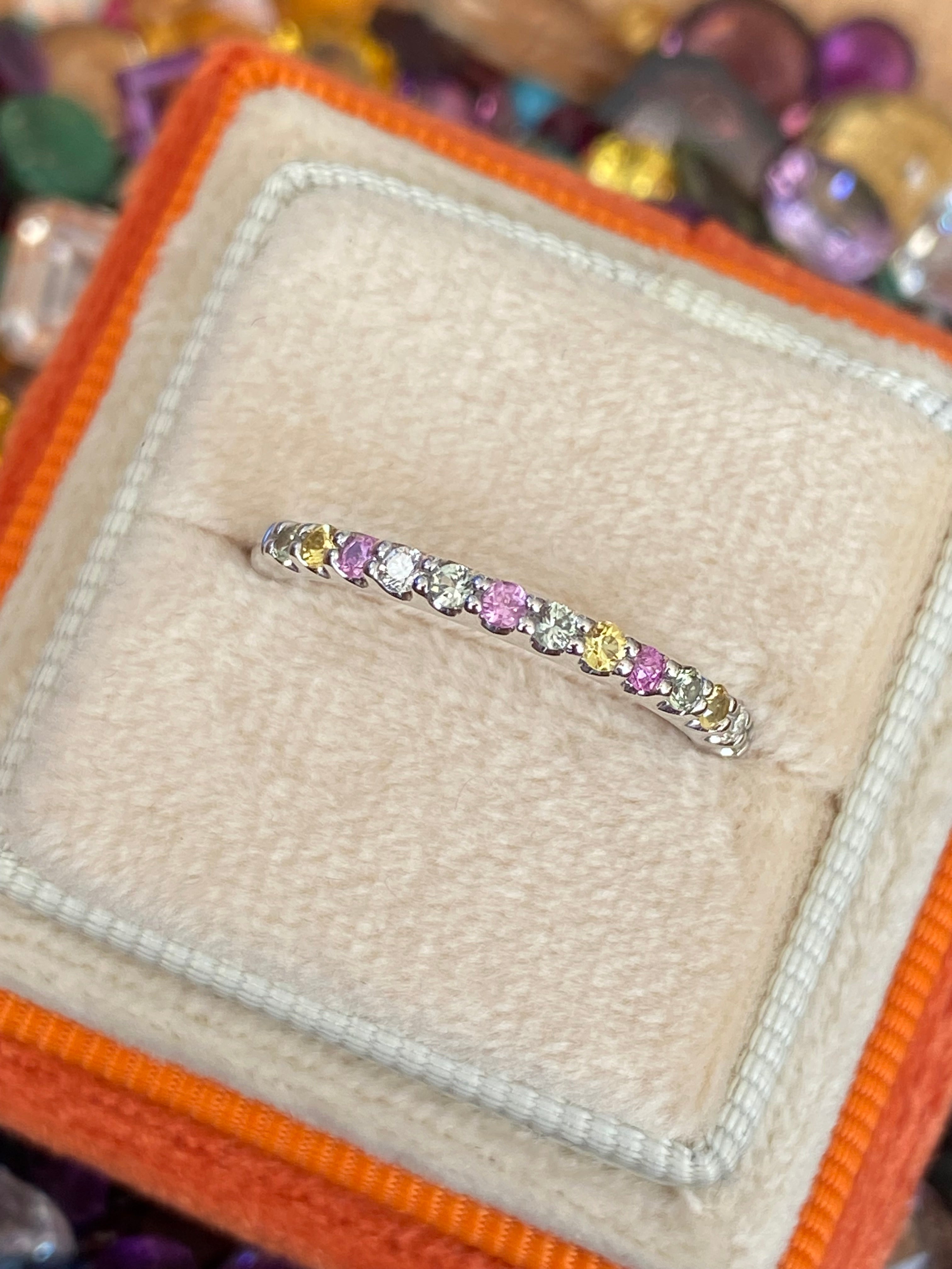 0.37 CTW Sweetshop Yellow, Pink, and Green Sapphire, and Natural Diamond Eternity Ring in 18ct White Gold