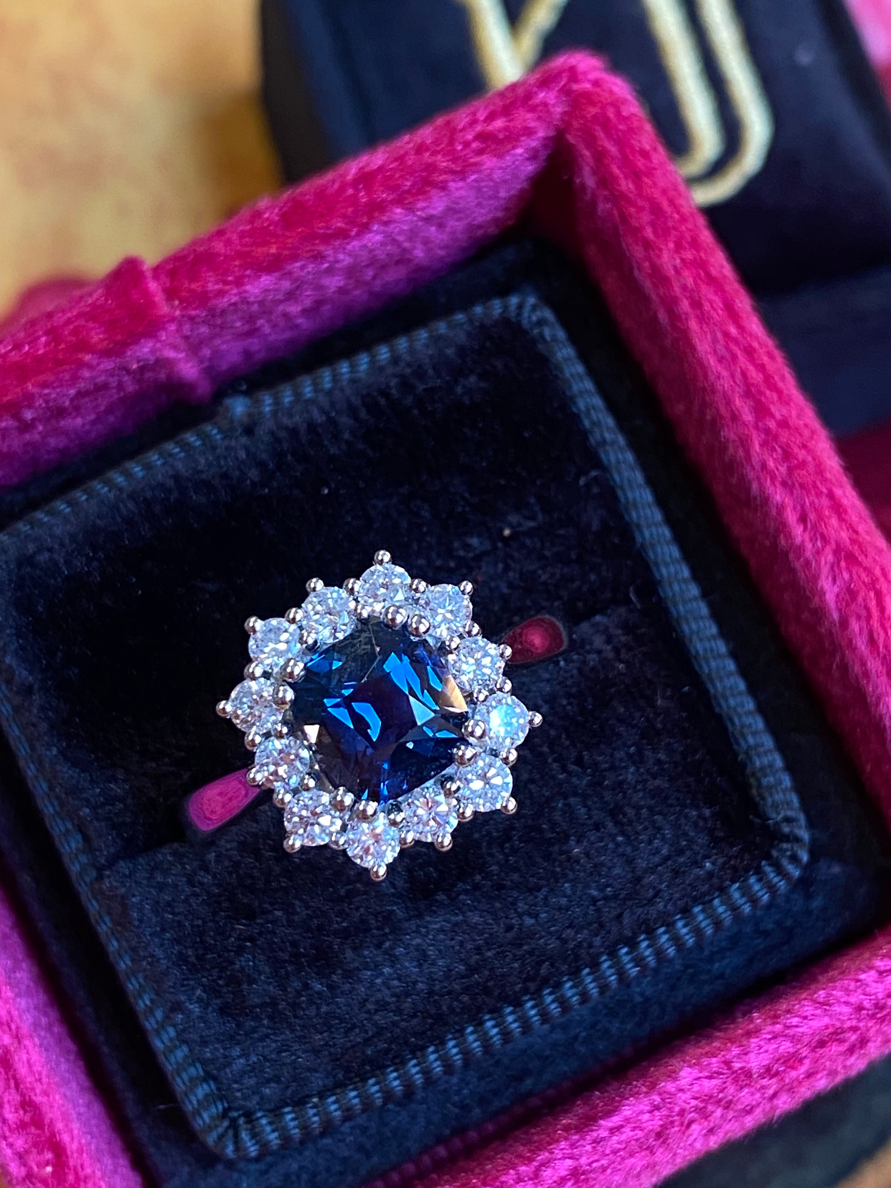 2.00 Carat Cushion Cut Teal Sapphire and Natural Diamond Halo Ring in Platinum
