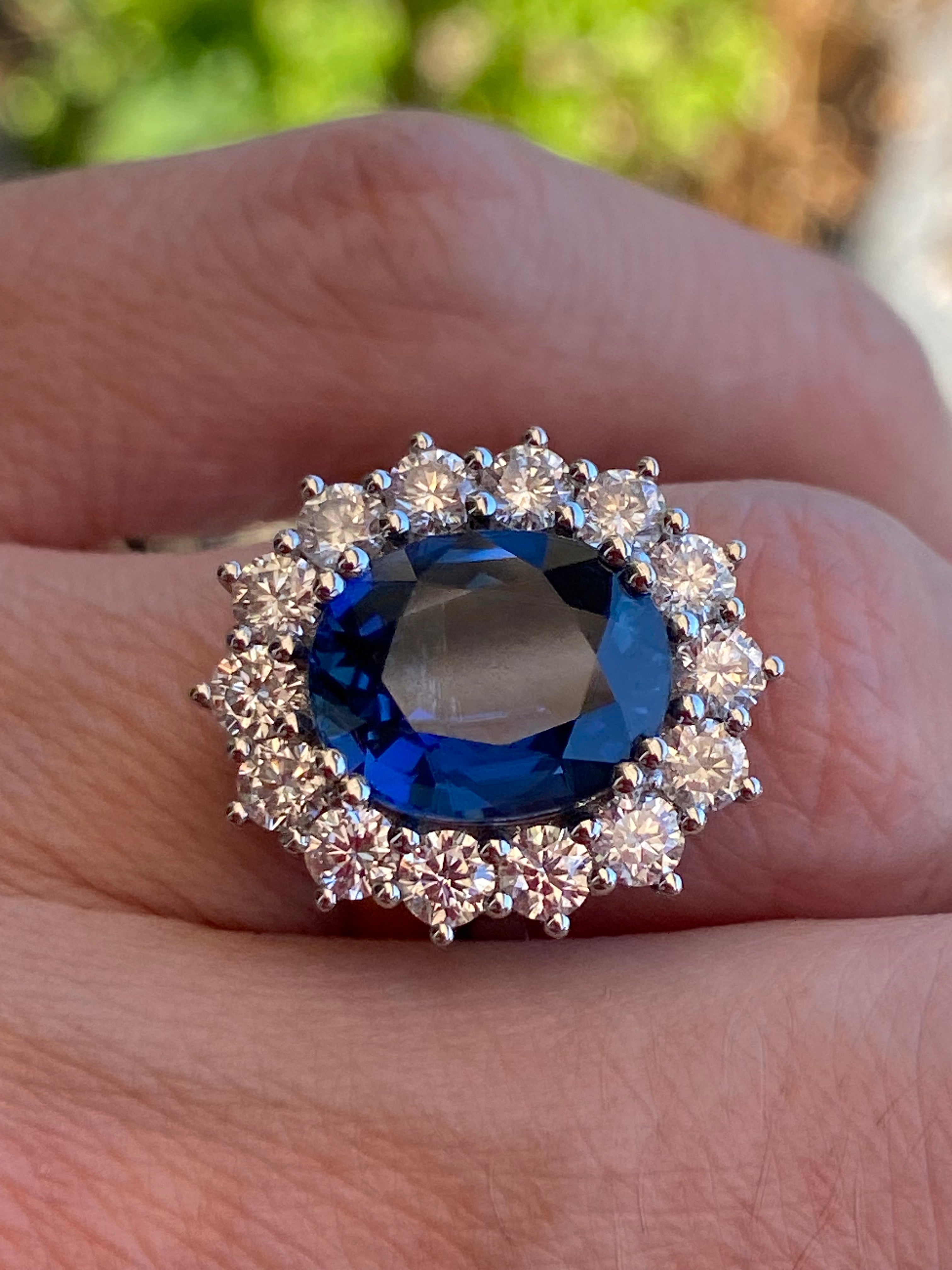 6.37 Carat Gubelin Certed No Heat Blue Ceylon Sapphire and 1.80 CTW Natural Diamond Halo Ring in Platinum